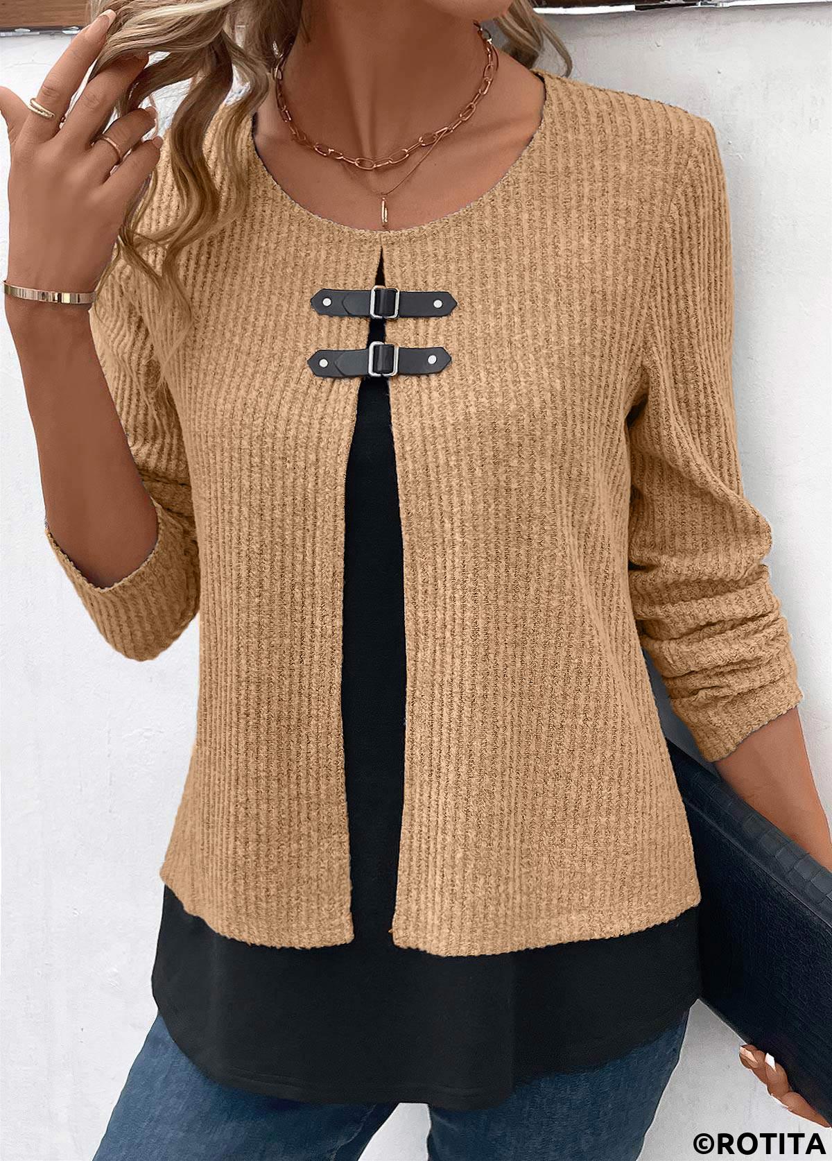 Light Camel tops,Black tops,Contrast Color tops,ROTITA Light Camel Round Neck Fake Two Piece Twinset