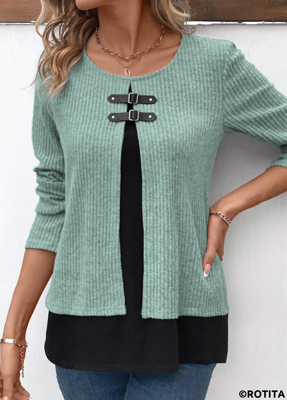 Sage Green plus size,Black plus size,Contrast Color plus size,ROTITA Sage Green Round Neck Fake Two Piece Twinset