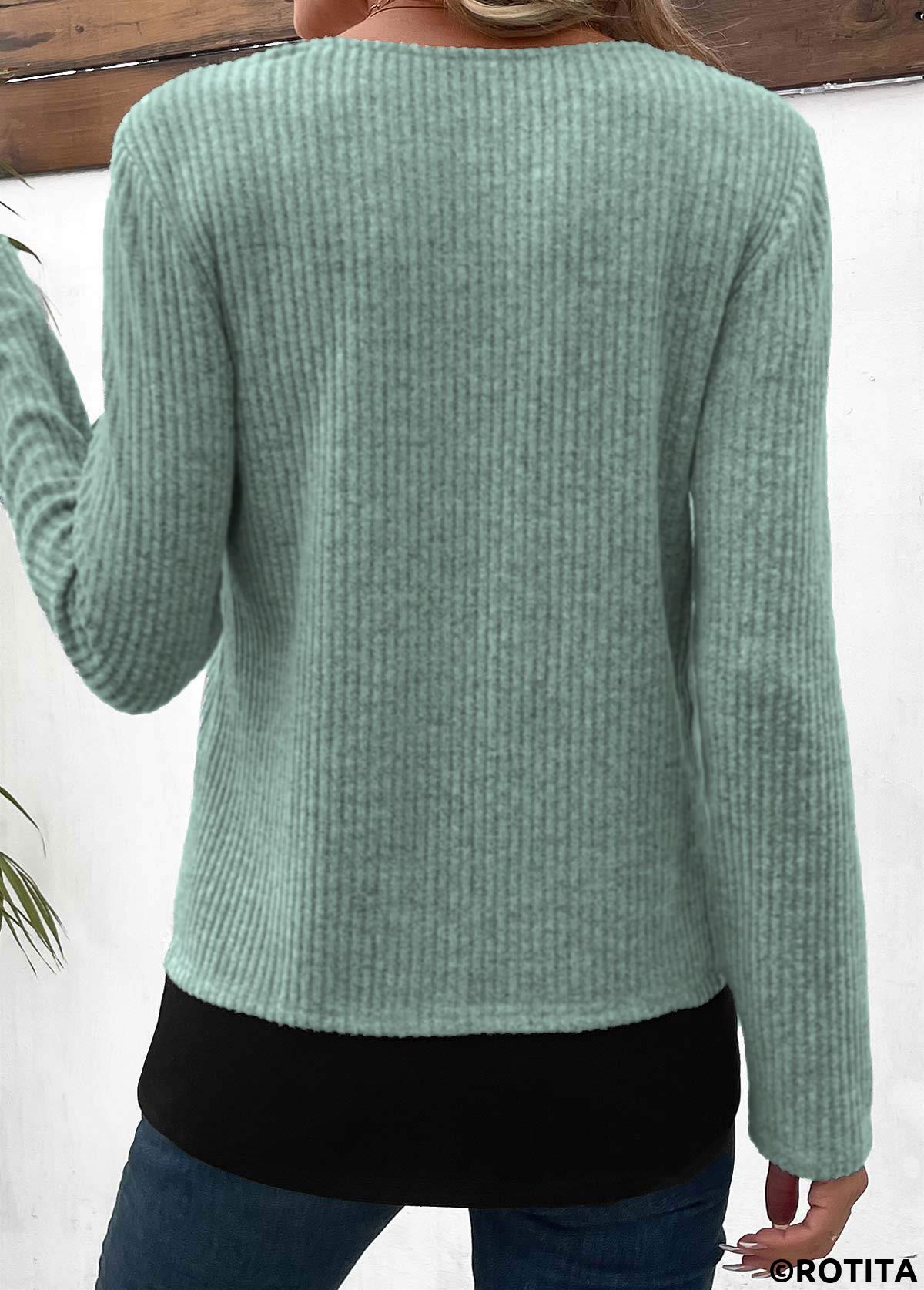 Sage Green plus size,Black plus size,Contrast Color plus size,ROTITA Sage Green Round Neck Fake Two Piece Twinset