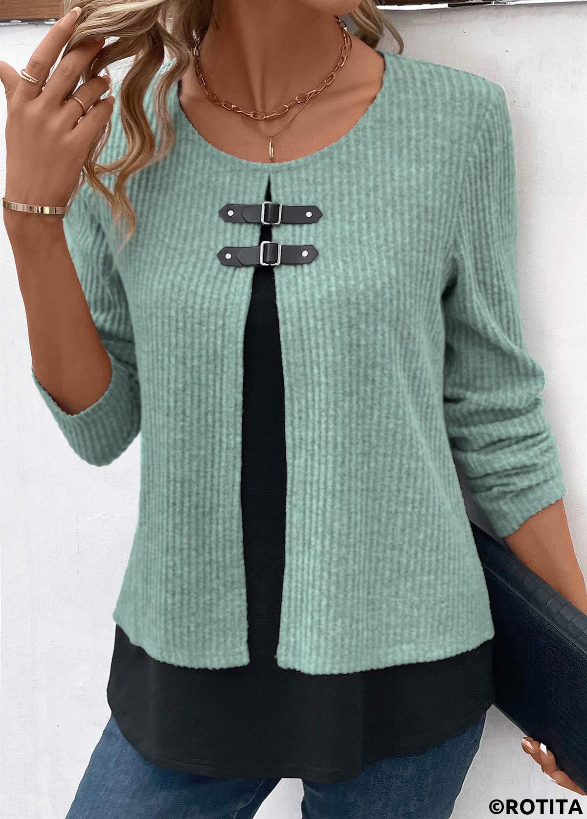 Sage Green plus size,Black plus size,Contrast Color plus size,ROTITA Sage Green Round Neck Fake Two Piece Twinset