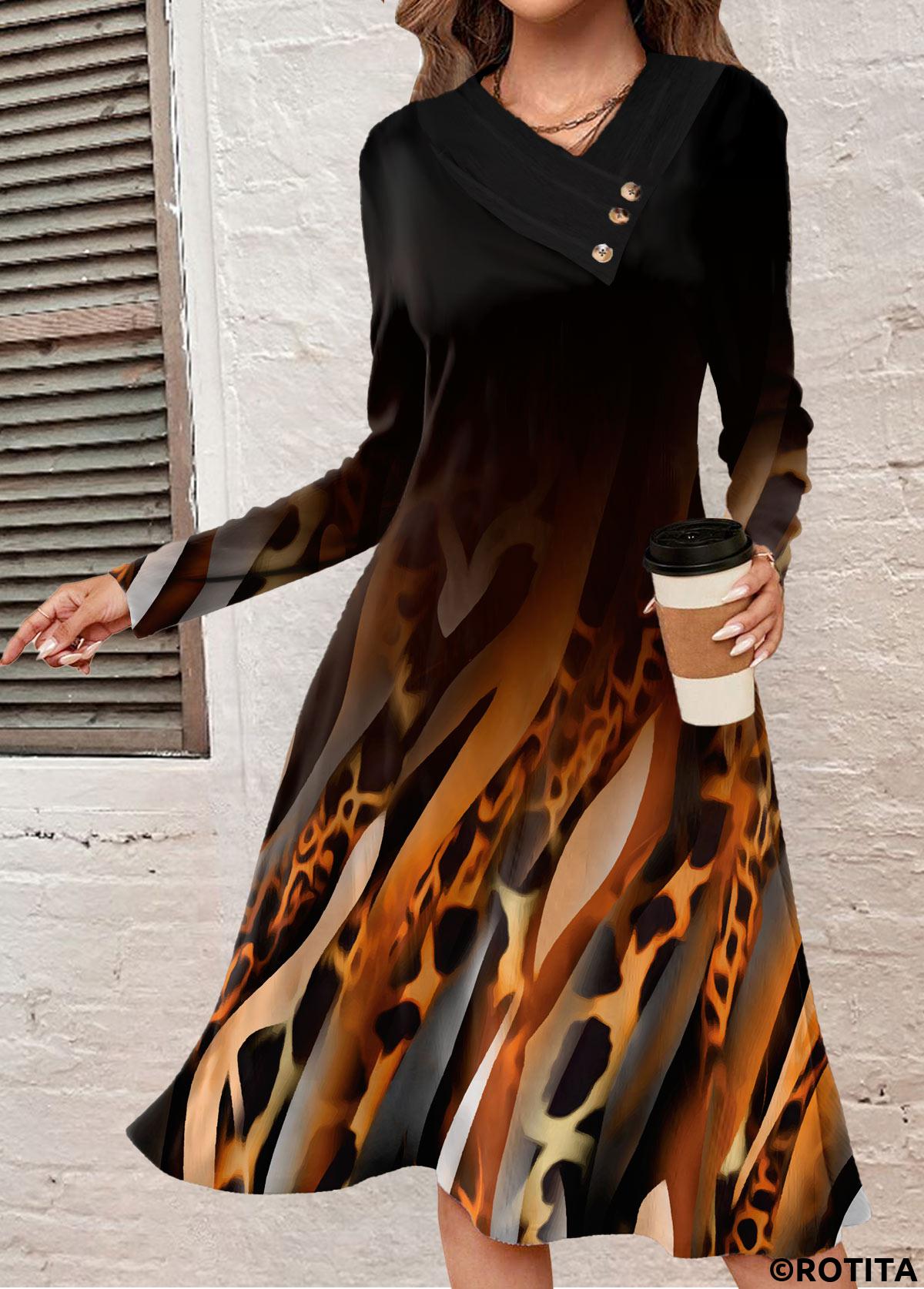 Black dresses,Leopard dresses,Geometric dresses,Ombre dresses,Striped dresses,Everyday dresses,Casual dresses,ROTITA Button Leopard Black A Line V Neck Dress