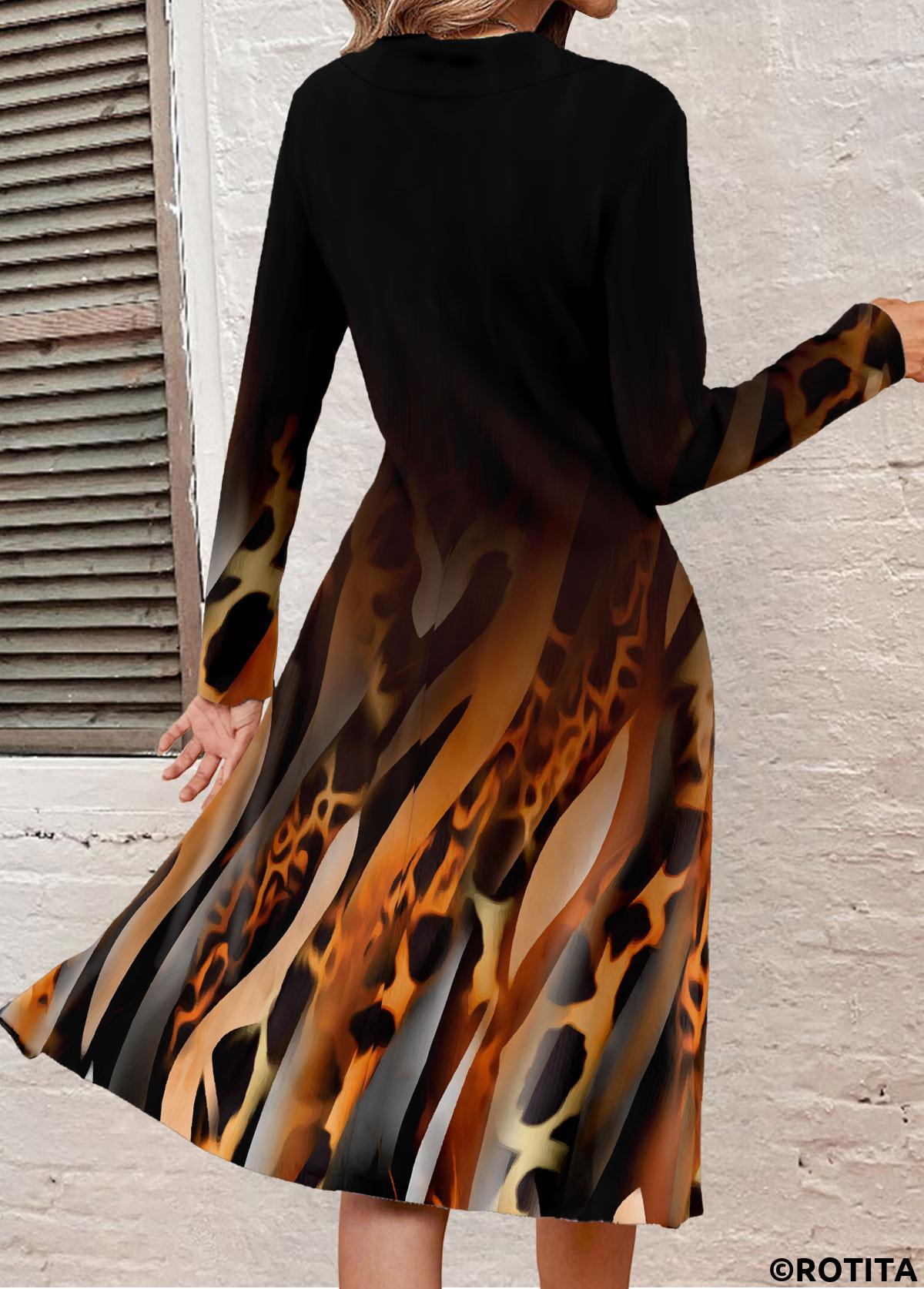 Black dresses,Leopard dresses,Geometric dresses,Ombre dresses,Striped dresses,Everyday dresses,Casual dresses,ROTITA Button Leopard Black A Line V Neck Dress