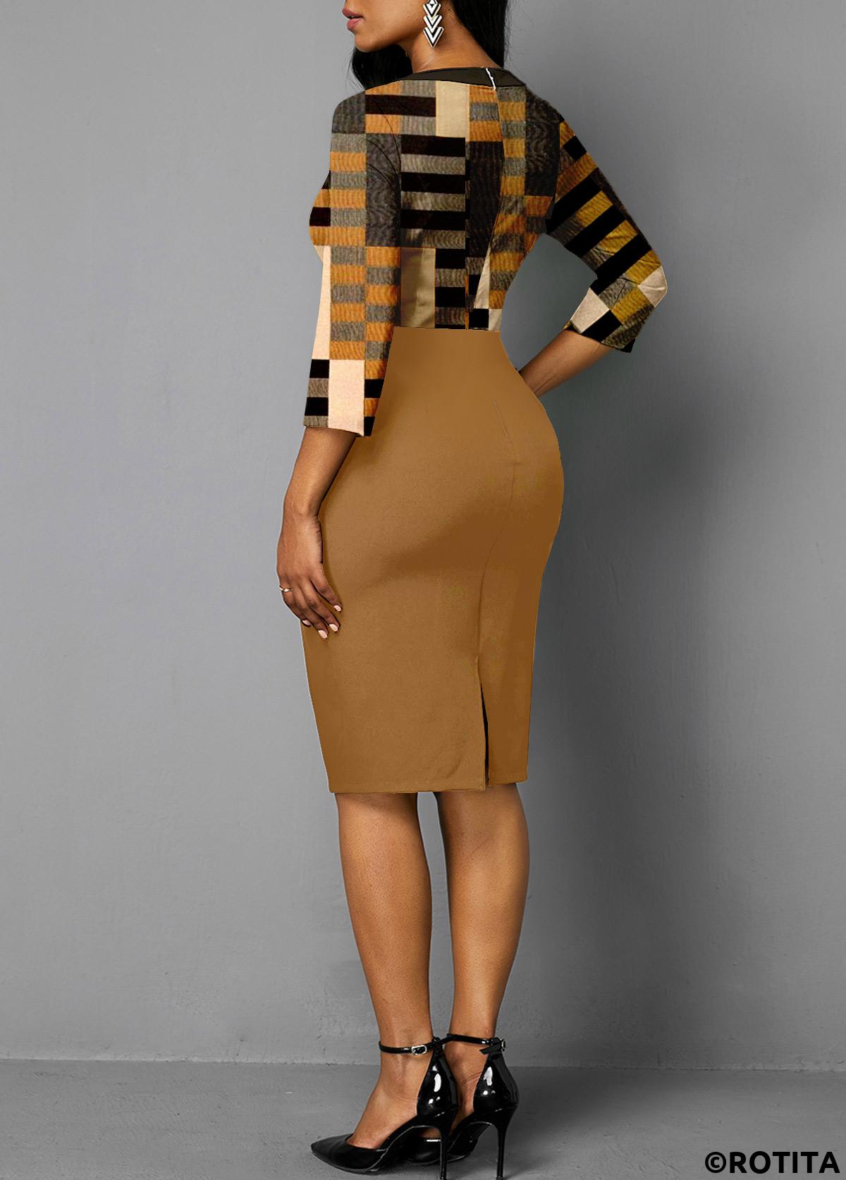 Light Coffee dresses,Geometric dresses,Striped dresses,Party dresses,Elegant dresses,ROTITA Patchwork Geometric Print Light Coffee Bodycon Dress