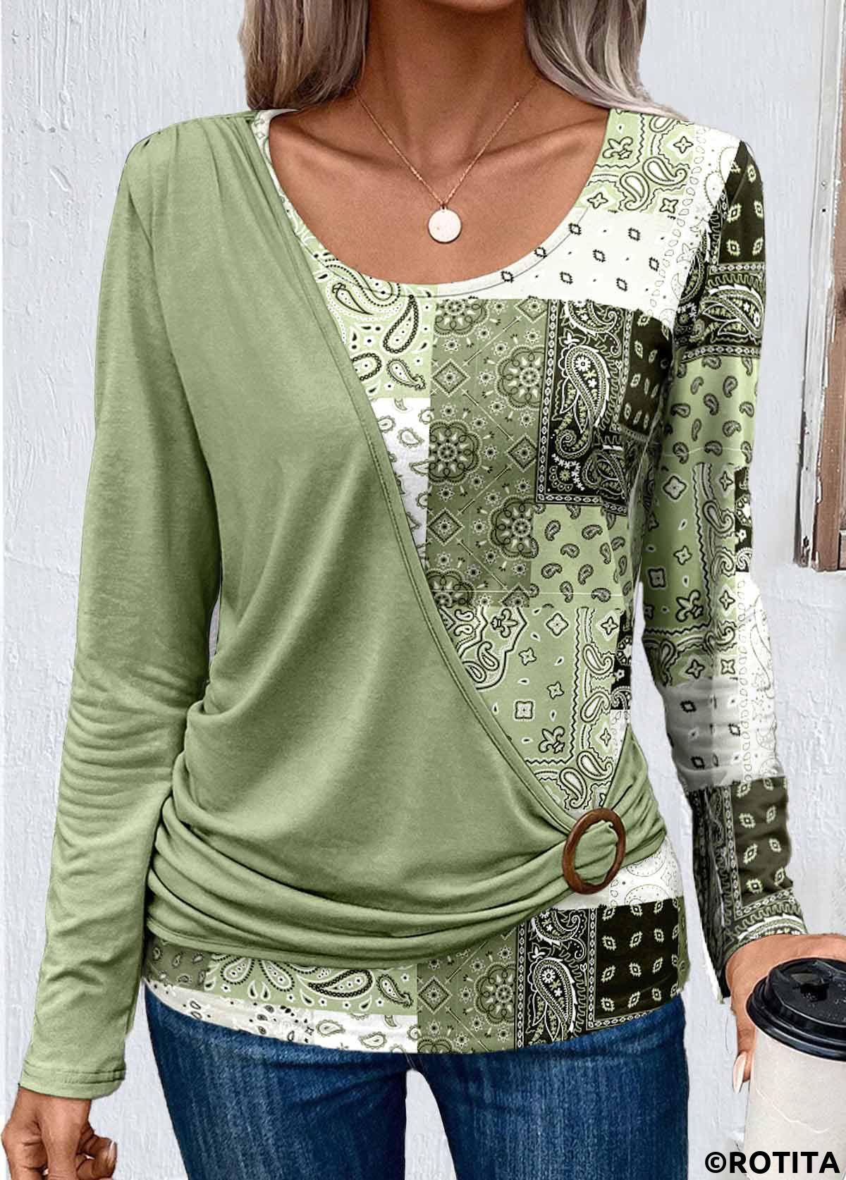 Light Green tops,Tribal tops,Paisley tops,Geometric tops,ROTITA Asymmetry Patchwork Light Green Scoop Neck T Shirt