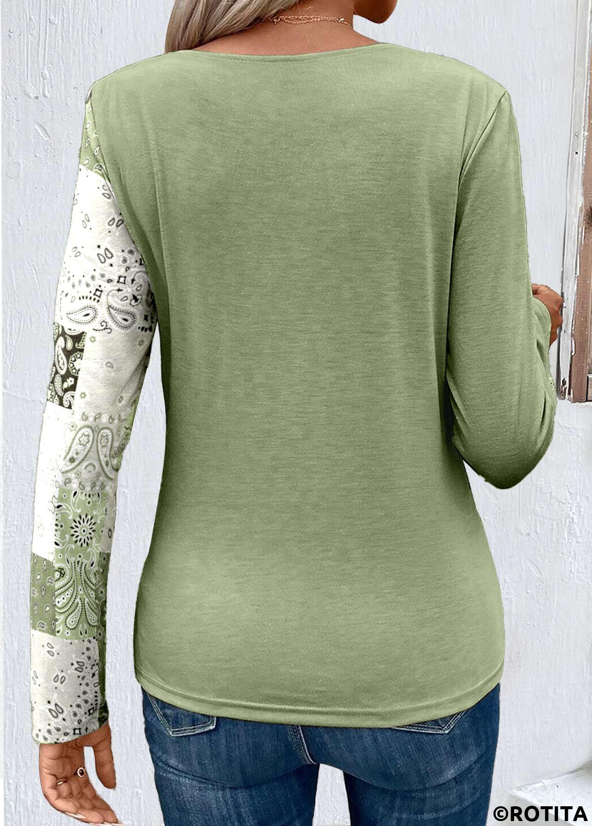 Light Green tops,Tribal tops,Paisley tops,Geometric tops,ROTITA Asymmetry Patchwork Light Green Scoop Neck T Shirt