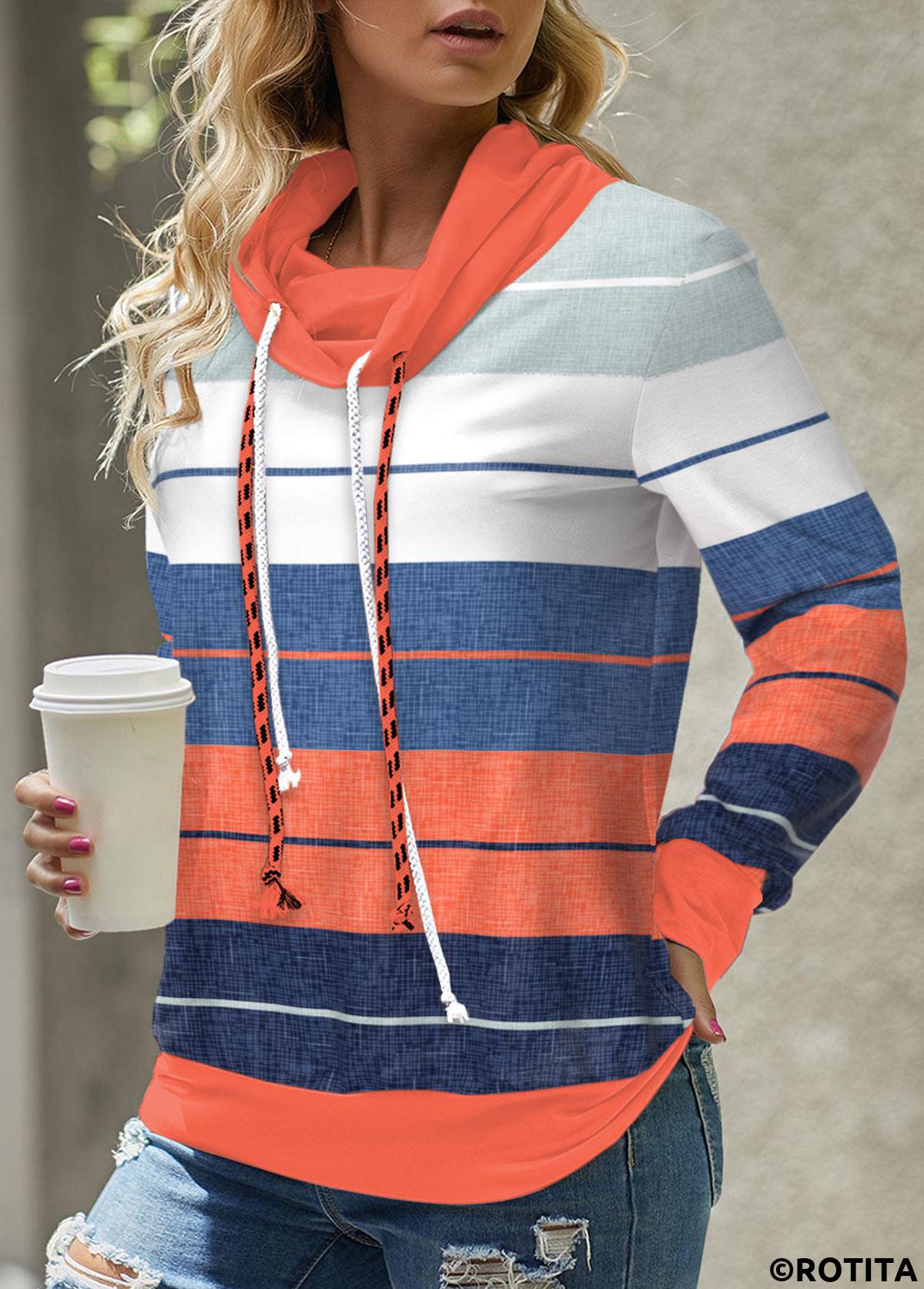 ROTITA Patchwork Striped Multi Color Cowl Neck Sweatshirt