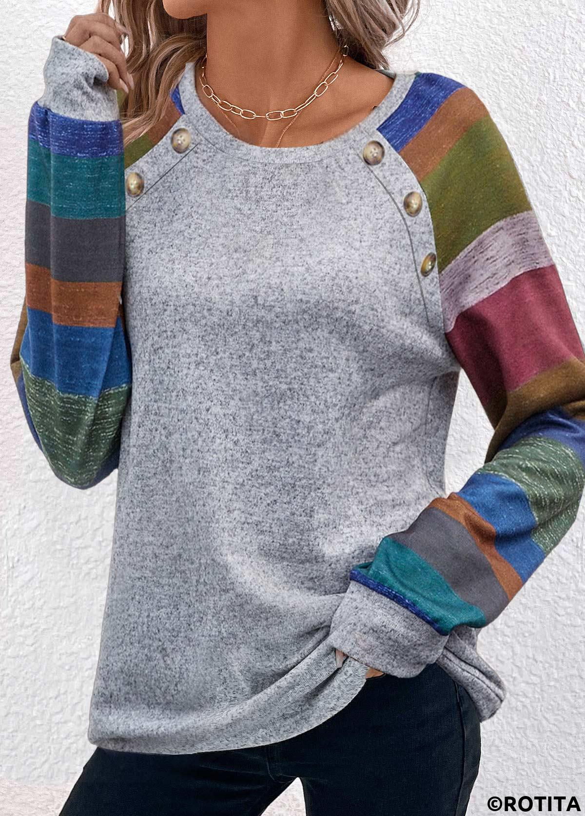 Light Grey Marl plus size,Rainbow Color plus size,Striped plus size,ROTITA Plus Size Button Light Grey Marl T Shirt