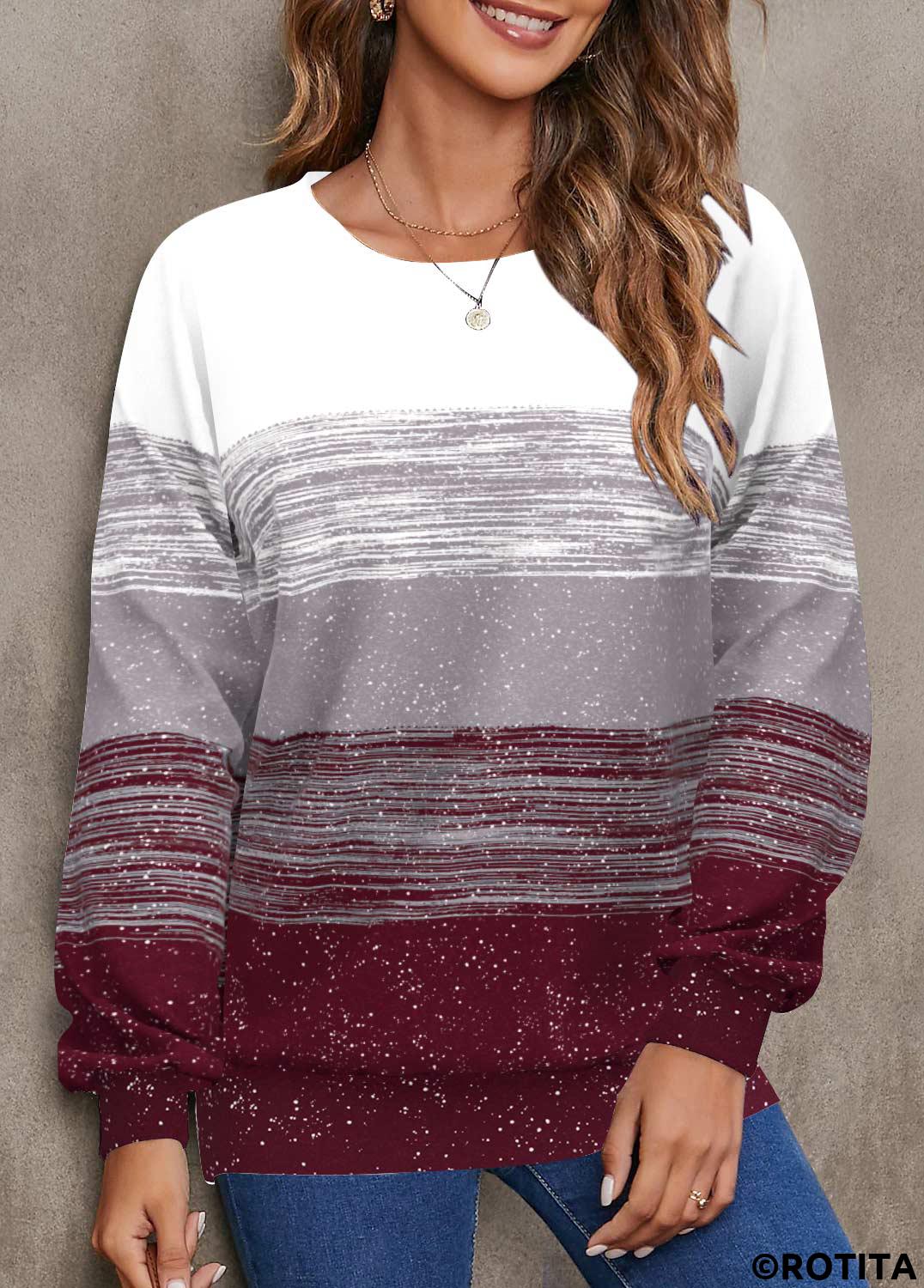 Wine Red plus size,White plus size,Geometric plus size,Striped plus size,ROTITA Plus Size Wine Red Geometric Print Round Neck Sweatshirt