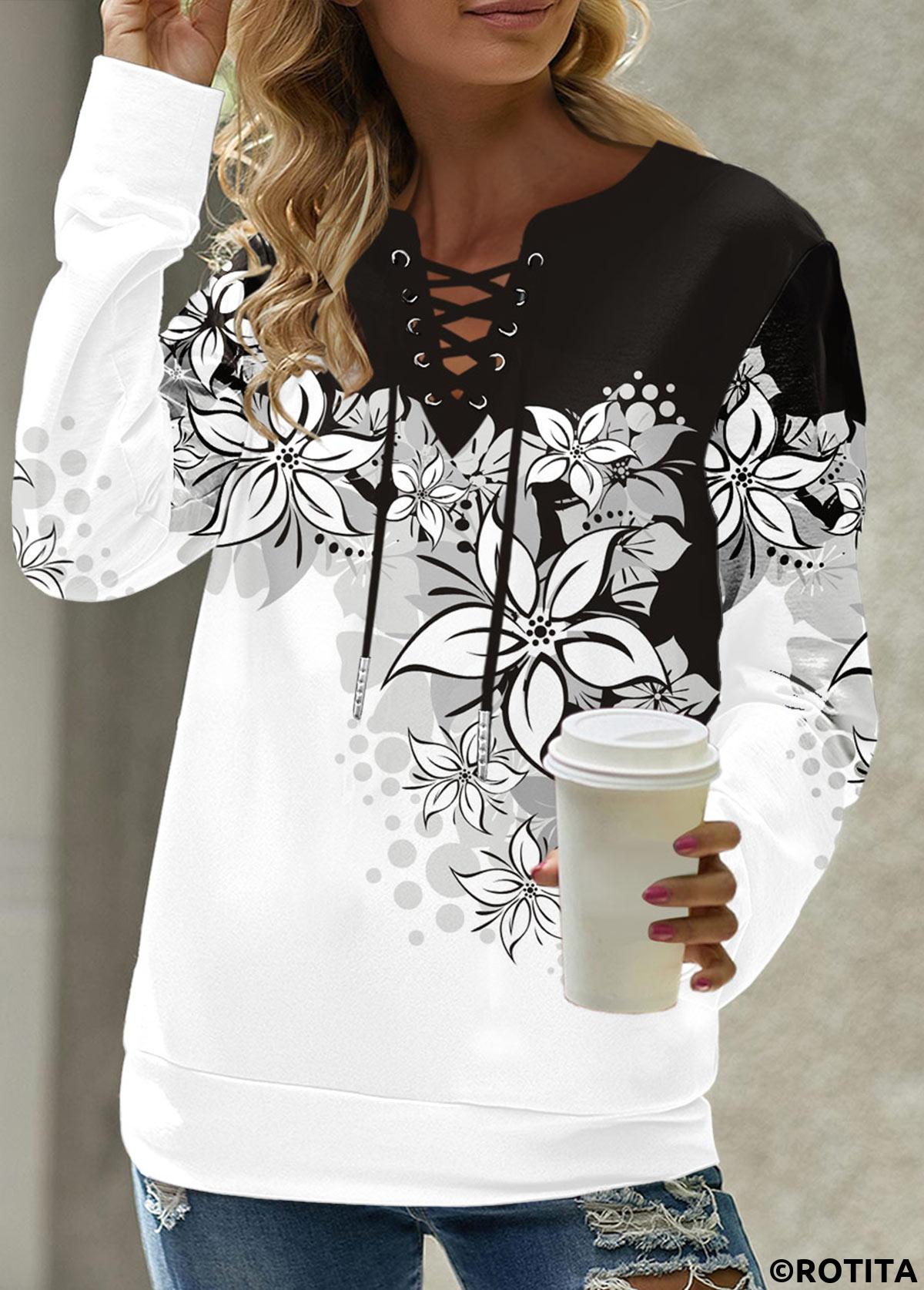 Black tops,White tops,Floral tops,Plants tops,ROTITA Eyelet Floral Print Black Cowl Neck Long Sleeve Sweatshirt