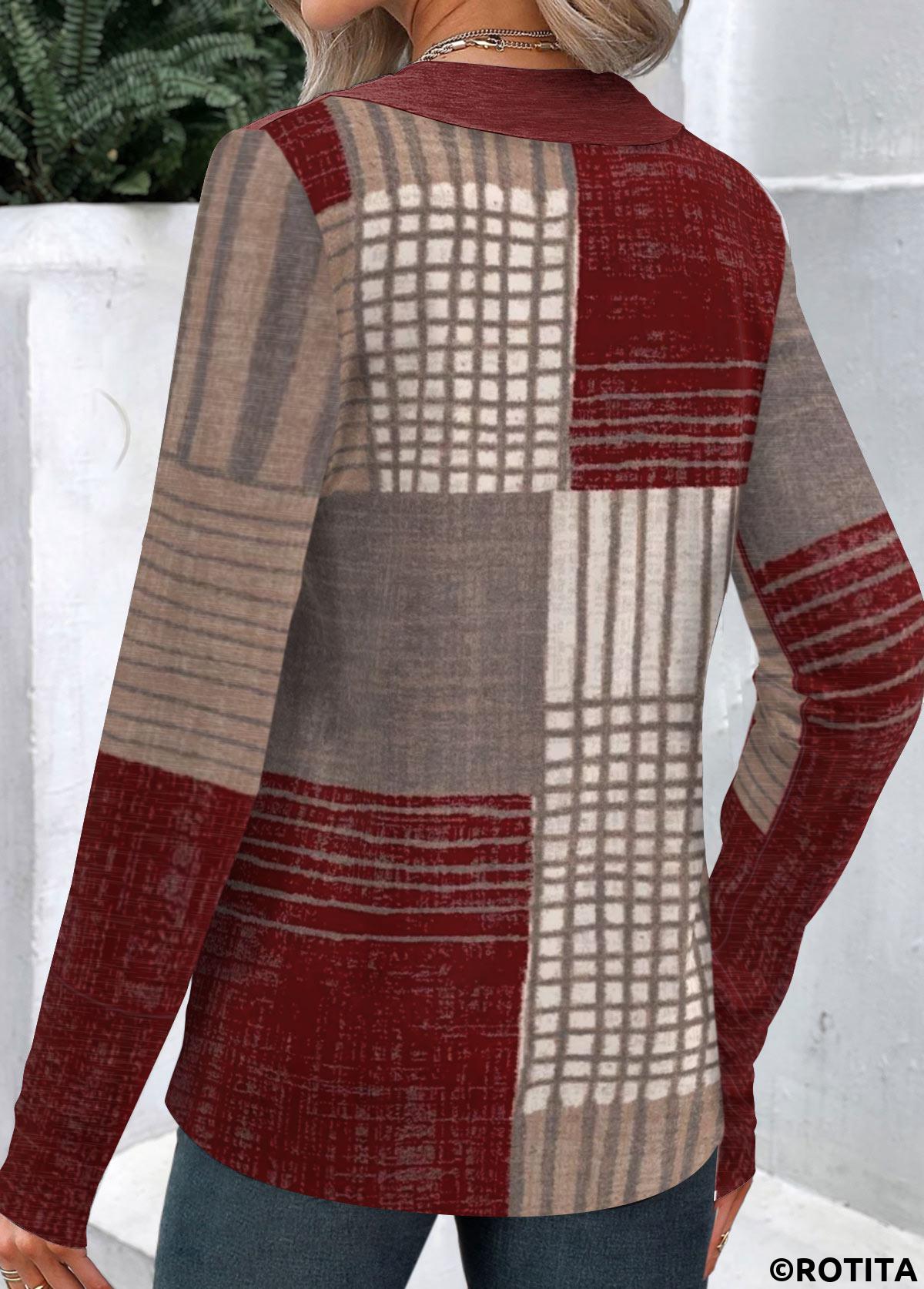 Wine Red tops,Geometric tops,Striped tops,ROTITA Button Geometric Print Wine Red Asymmetrical Neck T Shirt