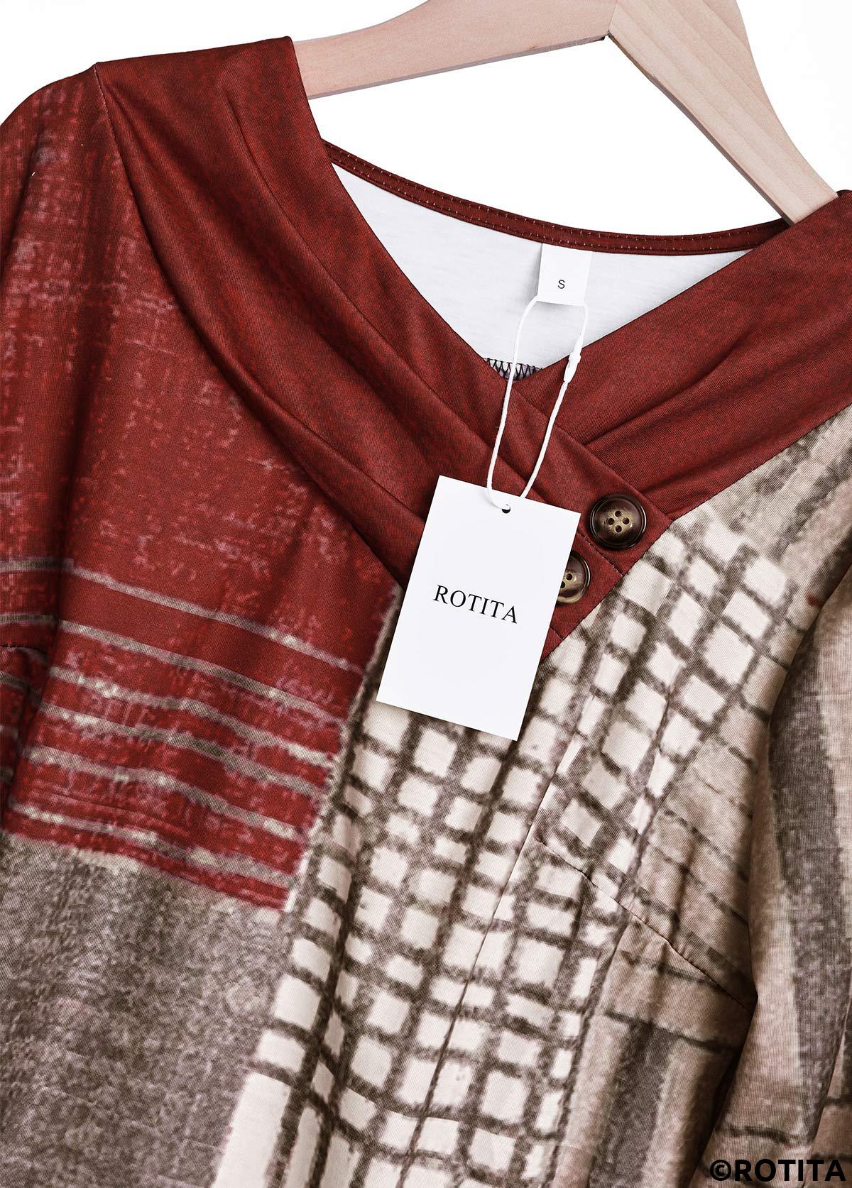 Wine Red tops,Geometric tops,Striped tops,ROTITA Button Geometric Print Wine Red Asymmetrical Neck T Shirt