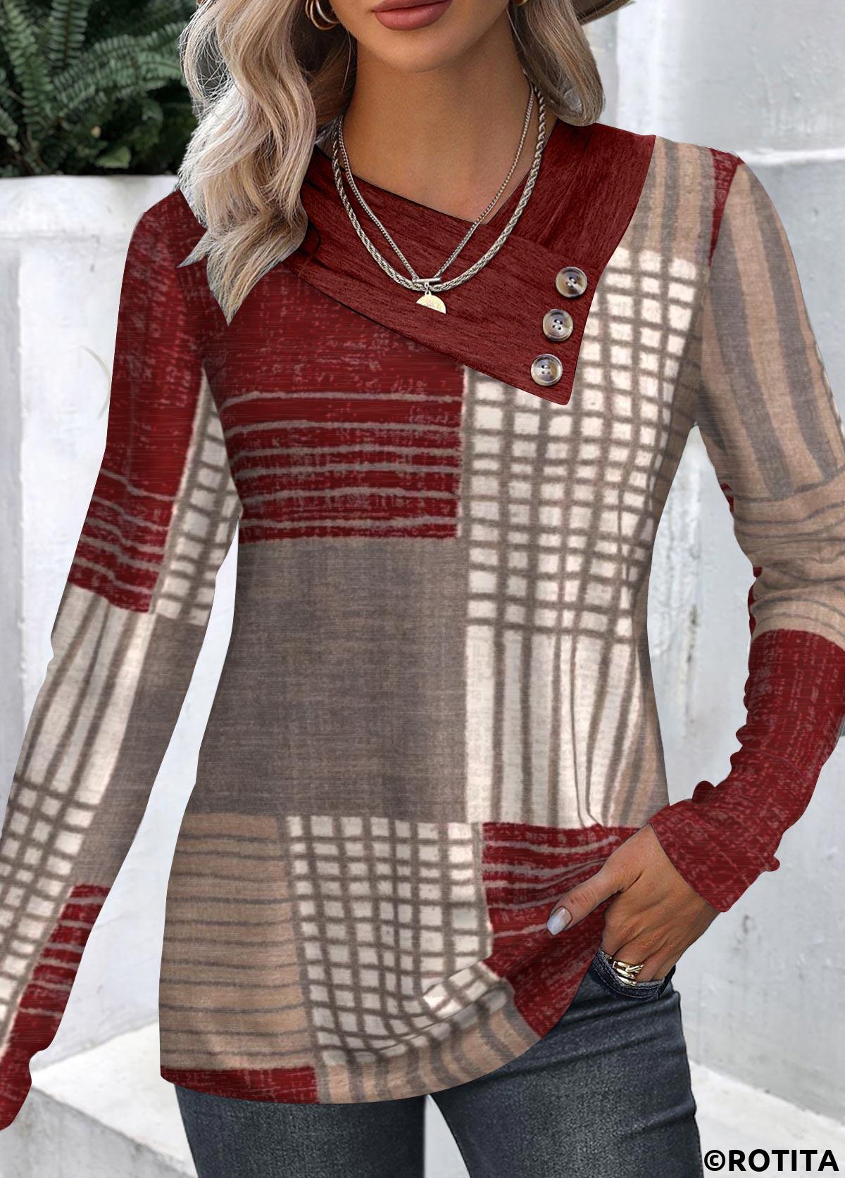 Wine Red tops,Geometric tops,Striped tops,ROTITA Button Geometric Print Wine Red Asymmetrical Neck T Shirt