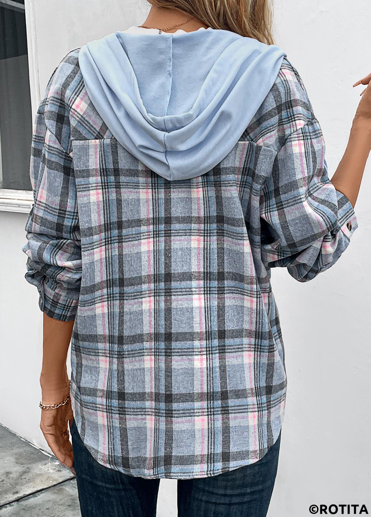 Blue tops,Plaid tops,Geometric tops,Striped tops,Drawstring Plaid Blue Hooded Long Sleeve Coat