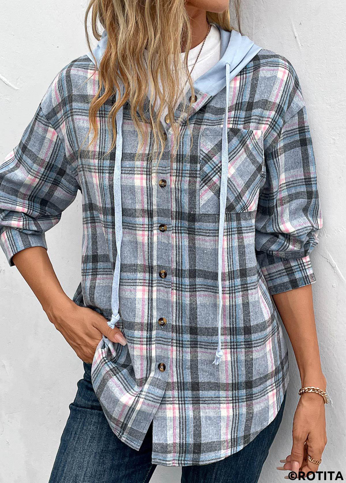 Blue tops,Plaid tops,Geometric tops,Striped tops,Drawstring Plaid Blue Hooded Long Sleeve Coat