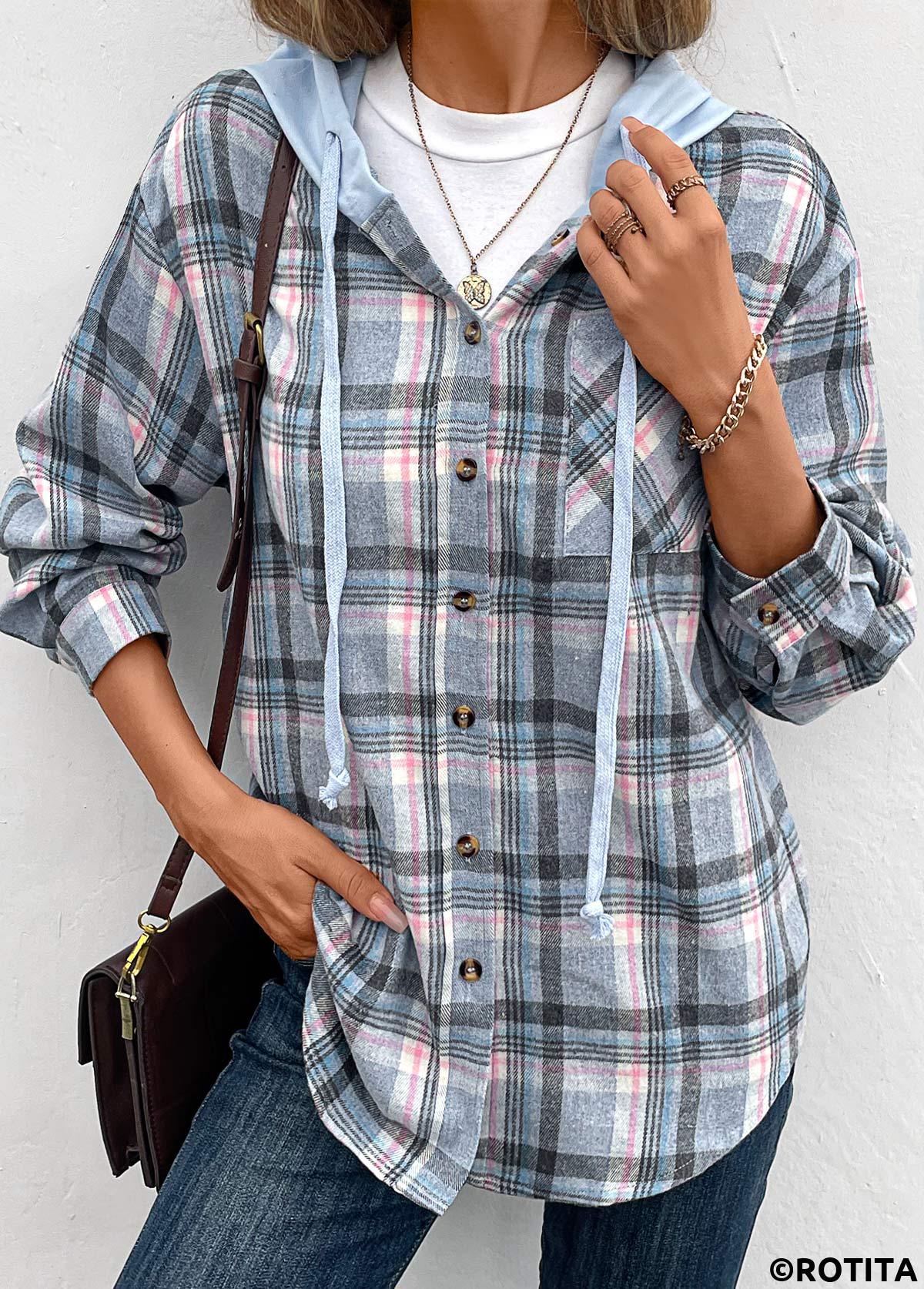 Blue tops,Plaid tops,Geometric tops,Striped tops,Drawstring Plaid Blue Hooded Long Sleeve Coat