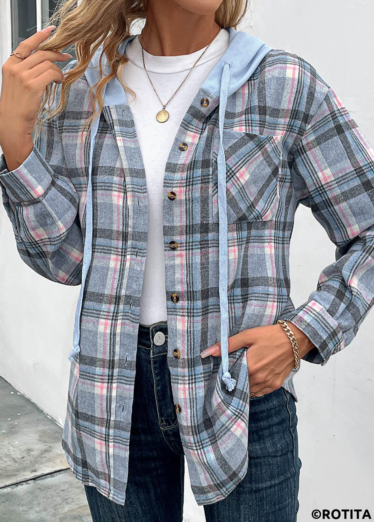 Blue tops,Plaid tops,Geometric tops,Striped tops,Drawstring Plaid Blue Hooded Long Sleeve Coat
