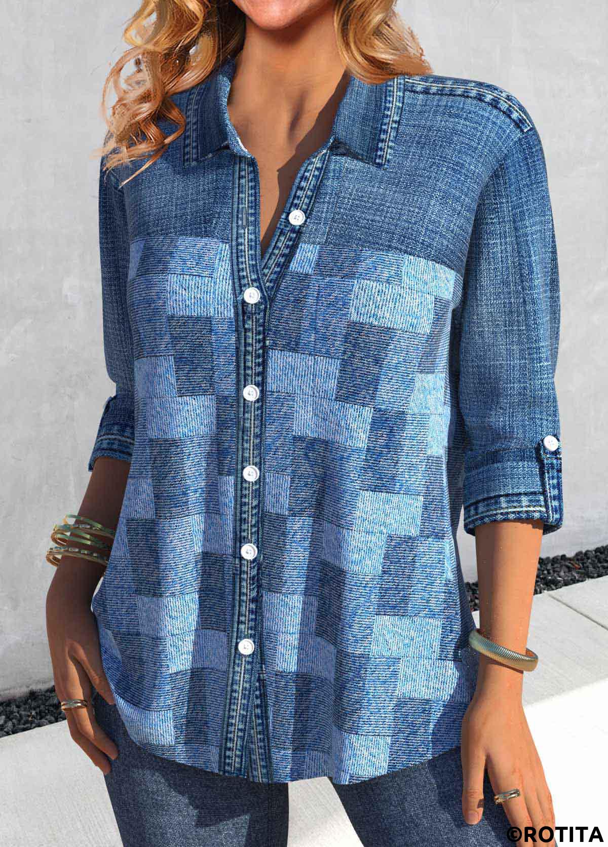 Denim Blue tops,Denim-Effect Print tops,ROTITA Patchwork Denim-effect Print Denim Blue Shirt Collar Blouse