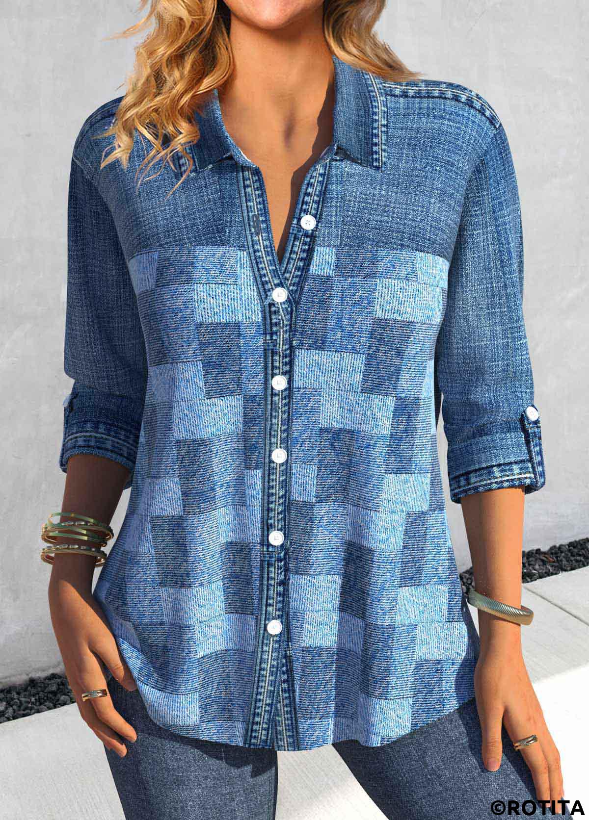 Denim Blue tops,Denim-Effect Print tops,ROTITA Patchwork Denim-effect Print Denim Blue Shirt Collar Blouse