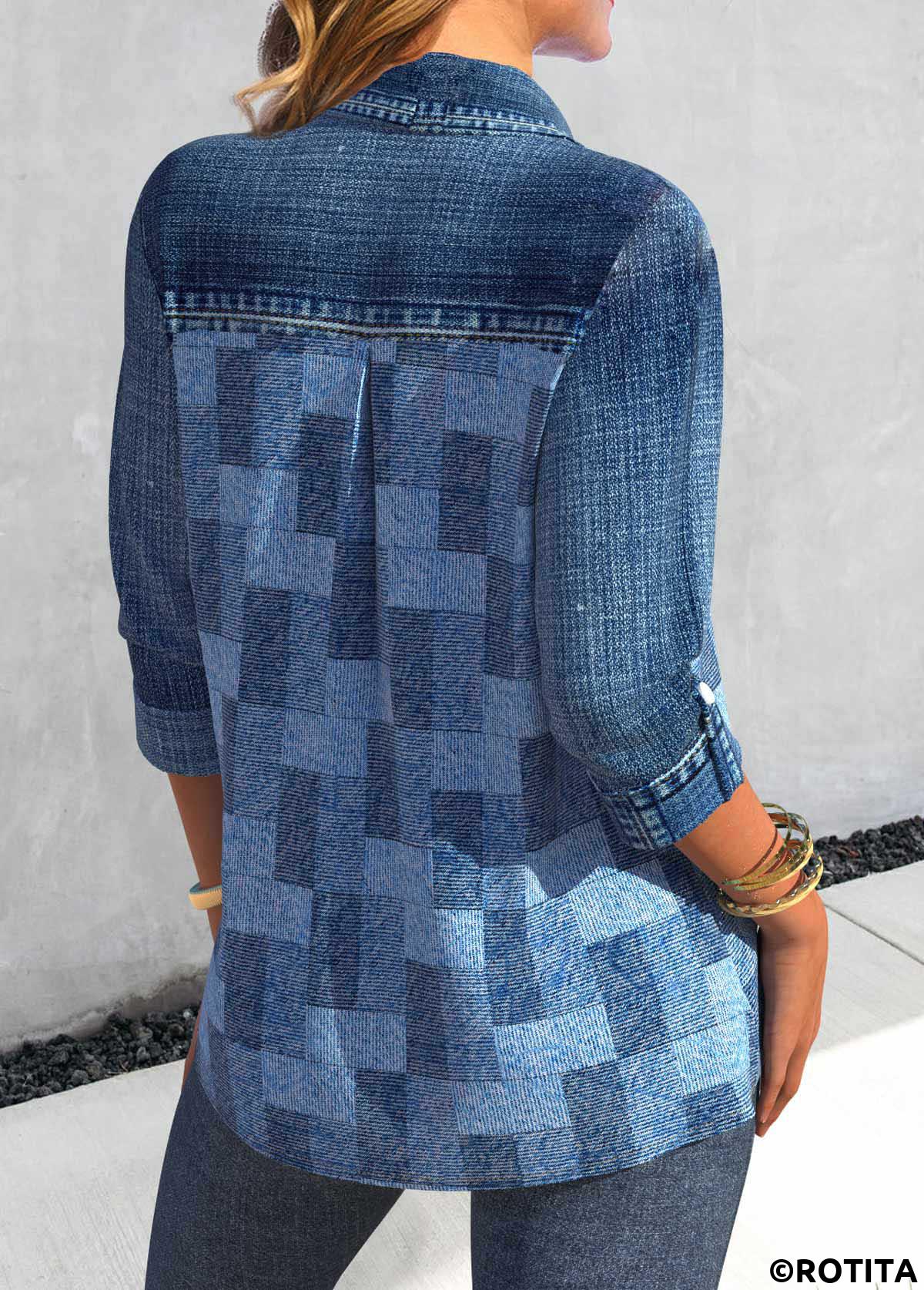 Denim Blue tops,Denim-Effect Print tops,ROTITA Patchwork Denim-effect Print Denim Blue Shirt Collar Blouse
