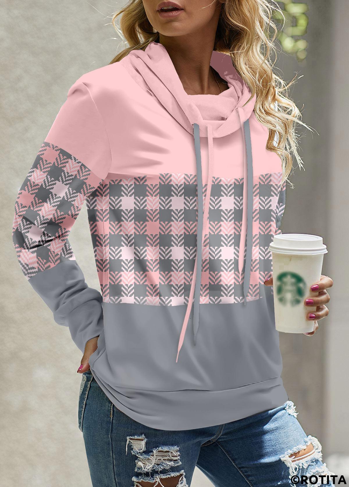 Light Pink tops,Grey tops,Plaid tops,Striped tops,ROTITA Patchwork Plaid Light Pink Cowl Neck Long Sleeve Sweatshirt
