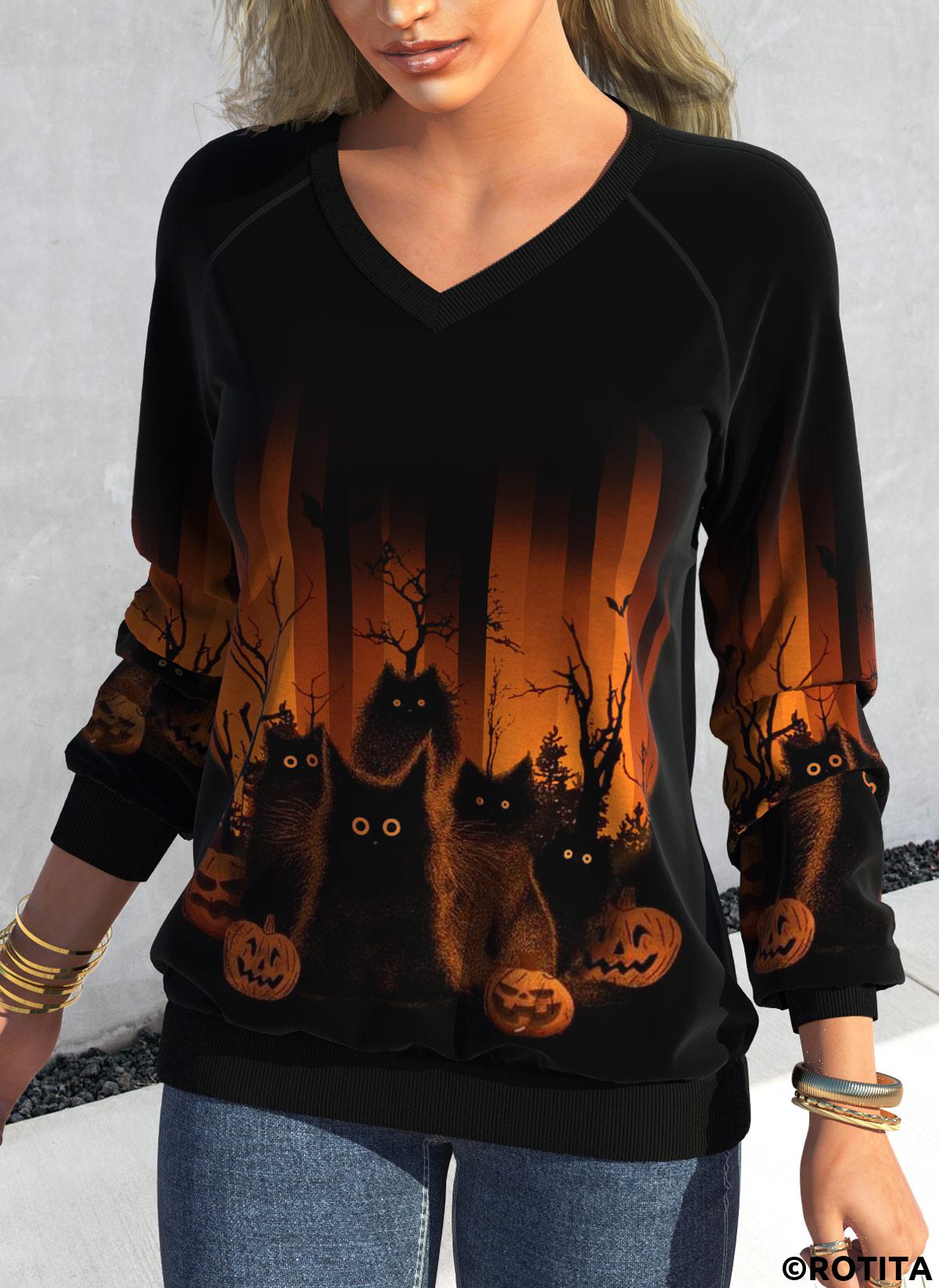 rotita patchwork halloween imprimé noir col en v sweat-shirt à manches longues