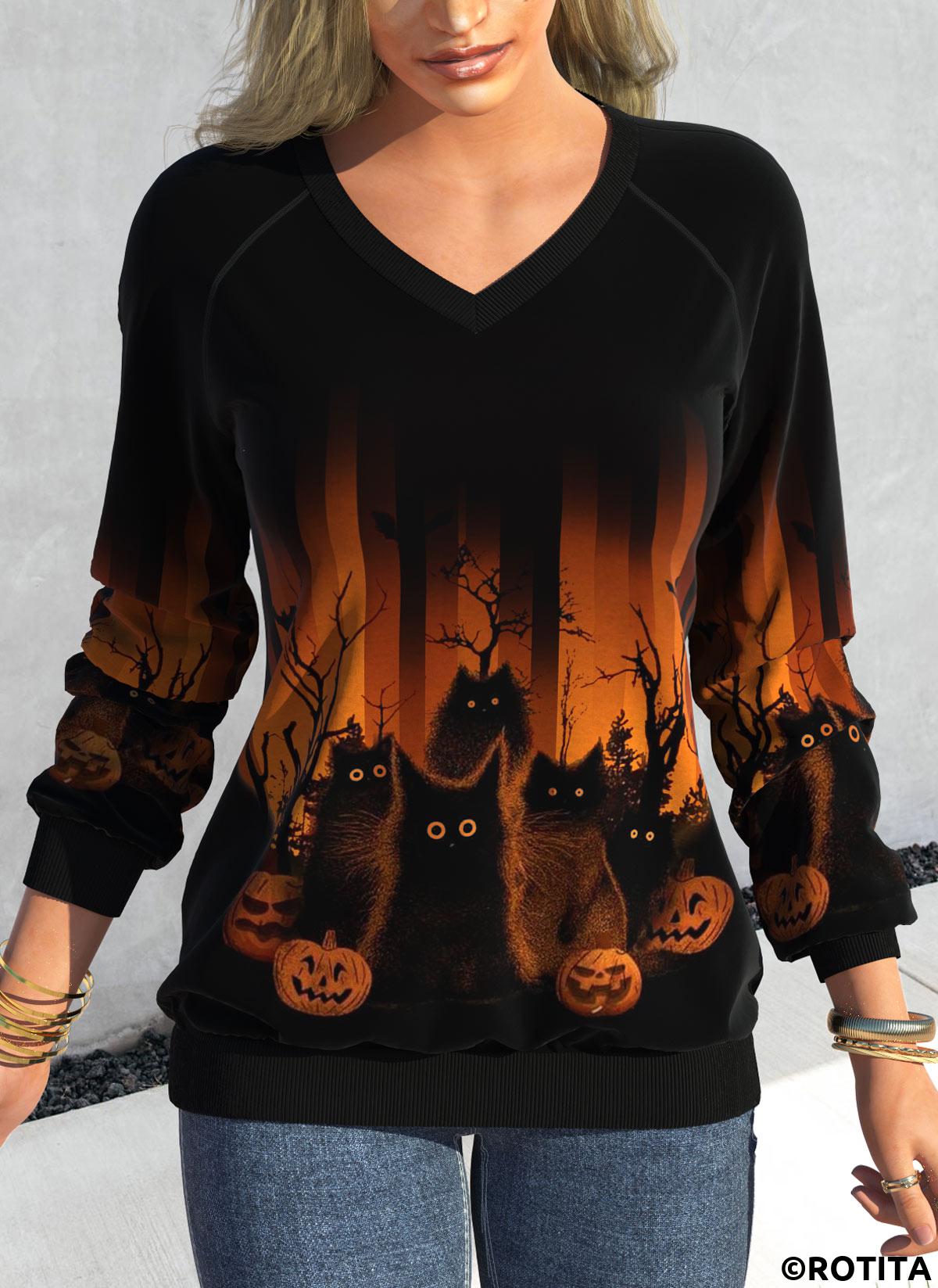 rotita patchwork halloween imprimé noir col en v sweat-shirt à manches longues