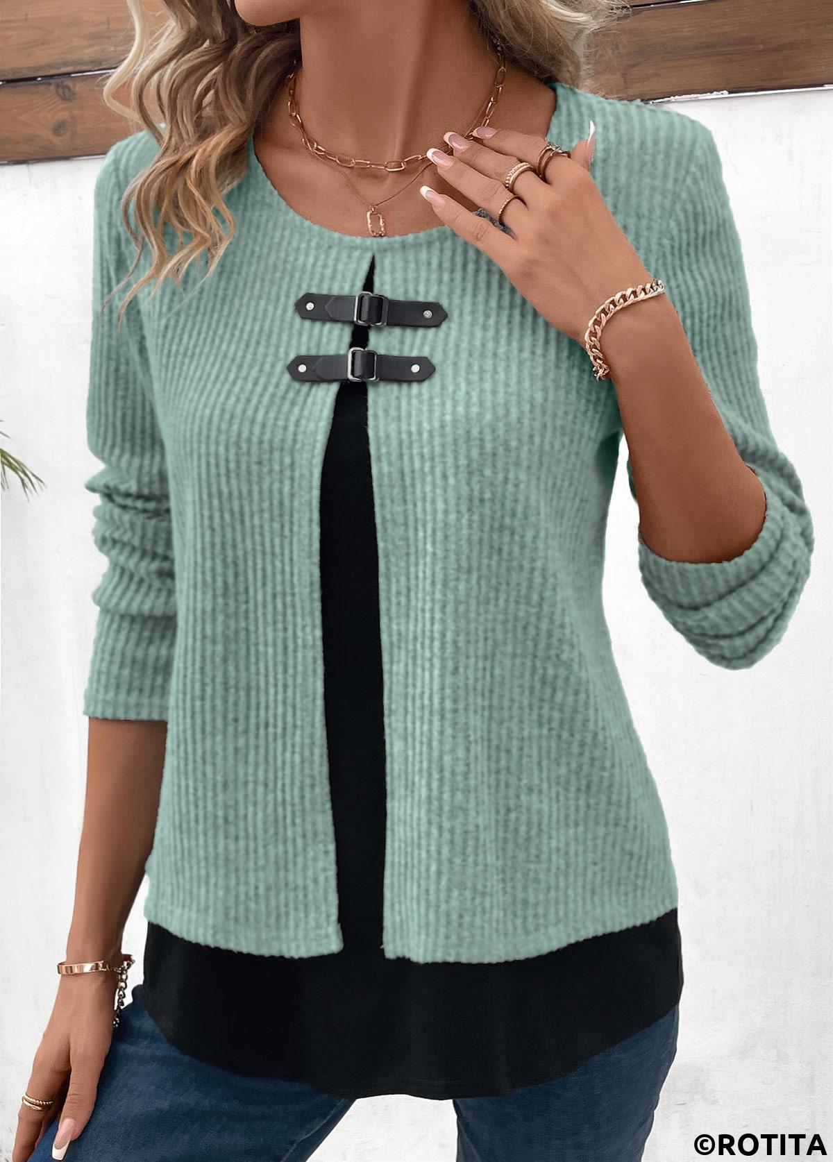 Sage Green plus size,Black plus size,Contrast Color plus size,ROTITA Sage Green Round Neck Fake Two Piece Twinset