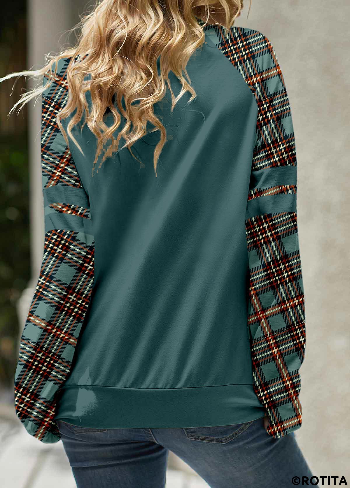 Turquoise tops,Plaid tops,Striped tops,Geometric tops,Letter tops,ROTITA Patchwork Plaid Turquoise Cowl Neck Long Sleeve Sweatshirt