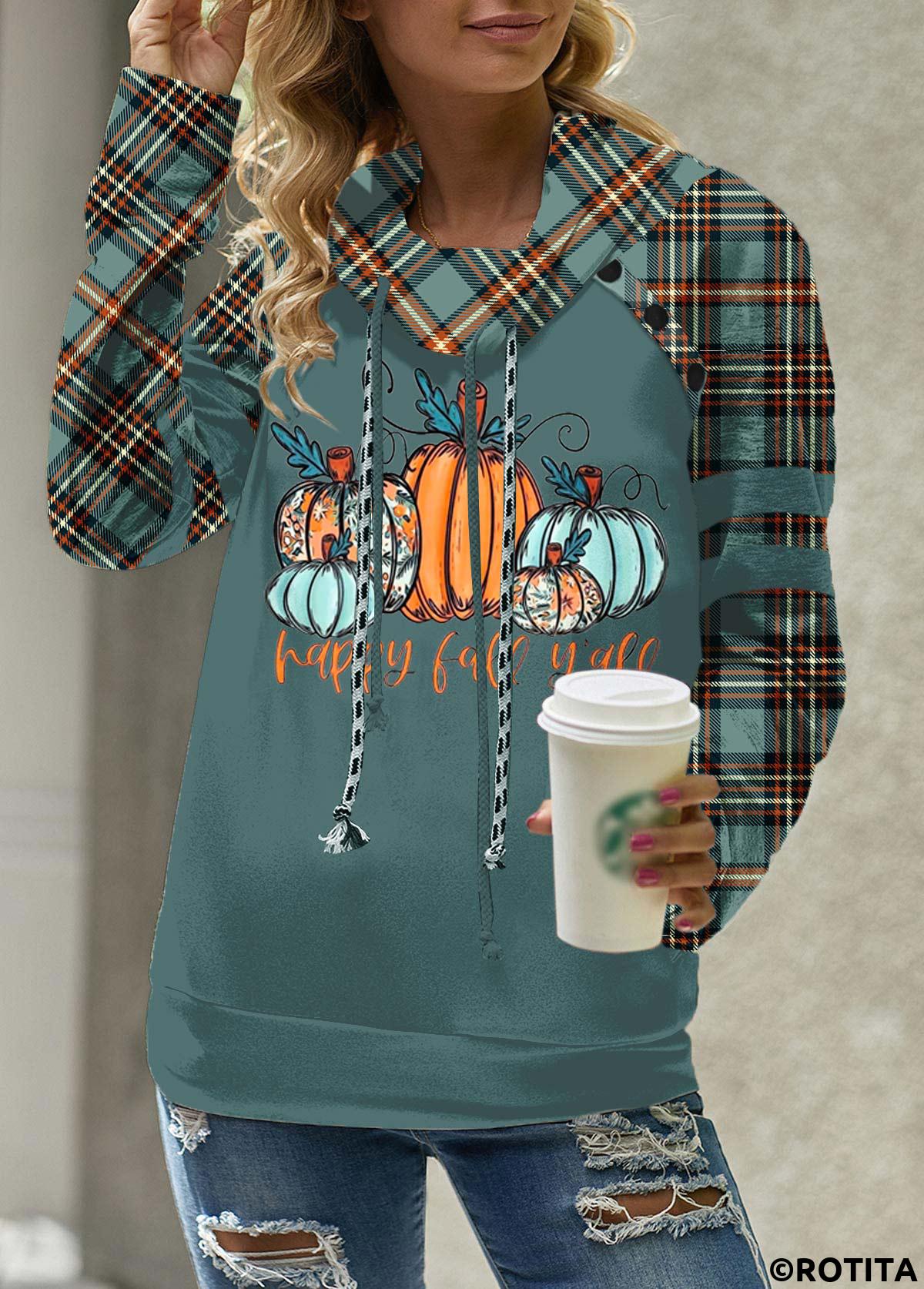 Turquoise tops,Plaid tops,Striped tops,Geometric tops,Letter tops,ROTITA Patchwork Plaid Turquoise Cowl Neck Long Sleeve Sweatshirt