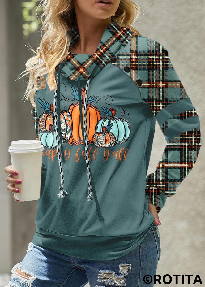 Turquoise tops,Plaid tops,Striped tops,Geometric tops,Letter tops,ROTITA Patchwork Plaid Turquoise Cowl Neck Long Sleeve Sweatshirt