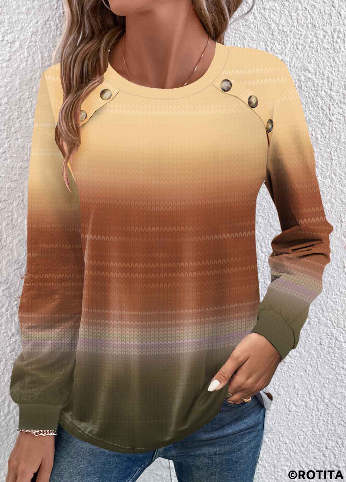 Yellow tops,Ombre tops,Striped tops,ROTITA Button Ombre Yellow Round Neck Long Sleeve T Shirt