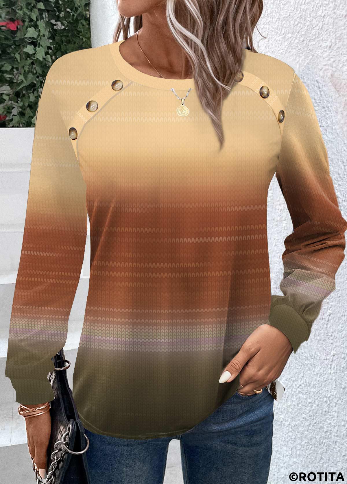Yellow tops,Ombre tops,Striped tops,ROTITA Button Ombre Yellow Round Neck Long Sleeve T Shirt