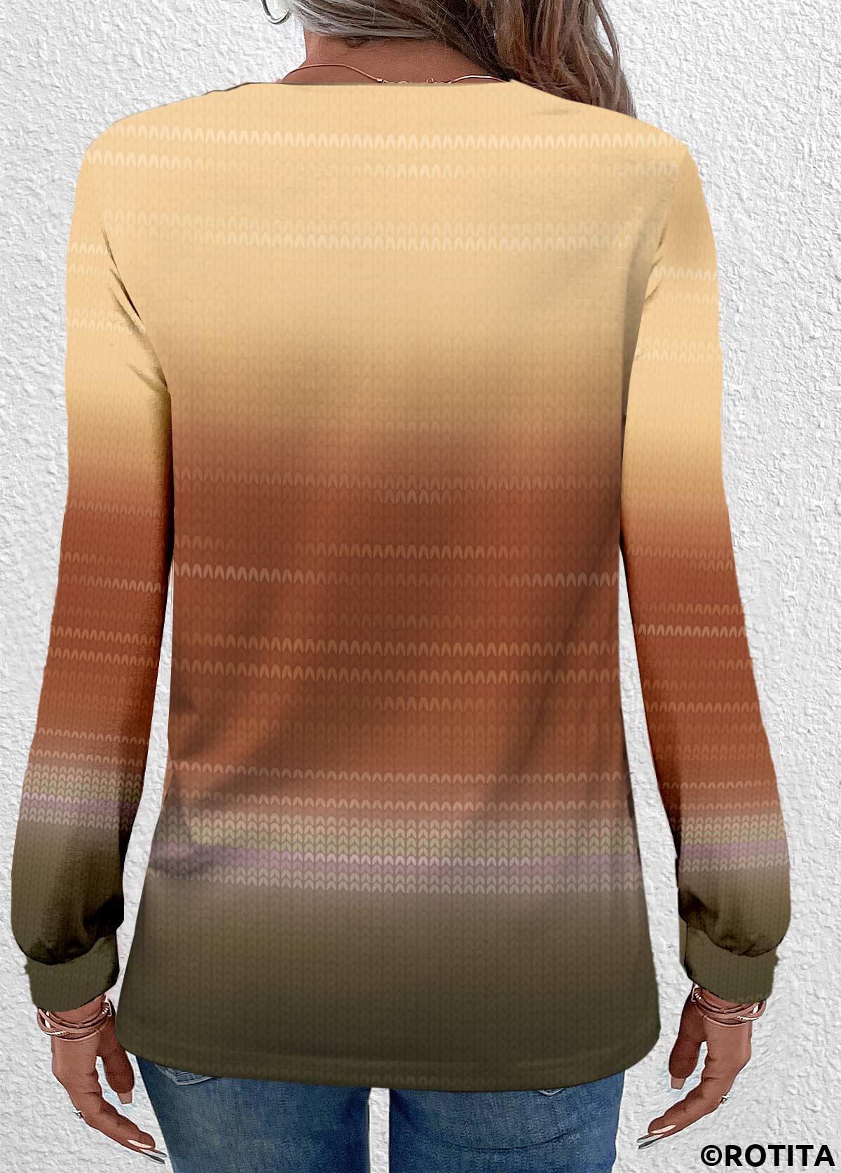 Yellow tops,Ombre tops,Striped tops,ROTITA Button Ombre Yellow Round Neck Long Sleeve T Shirt