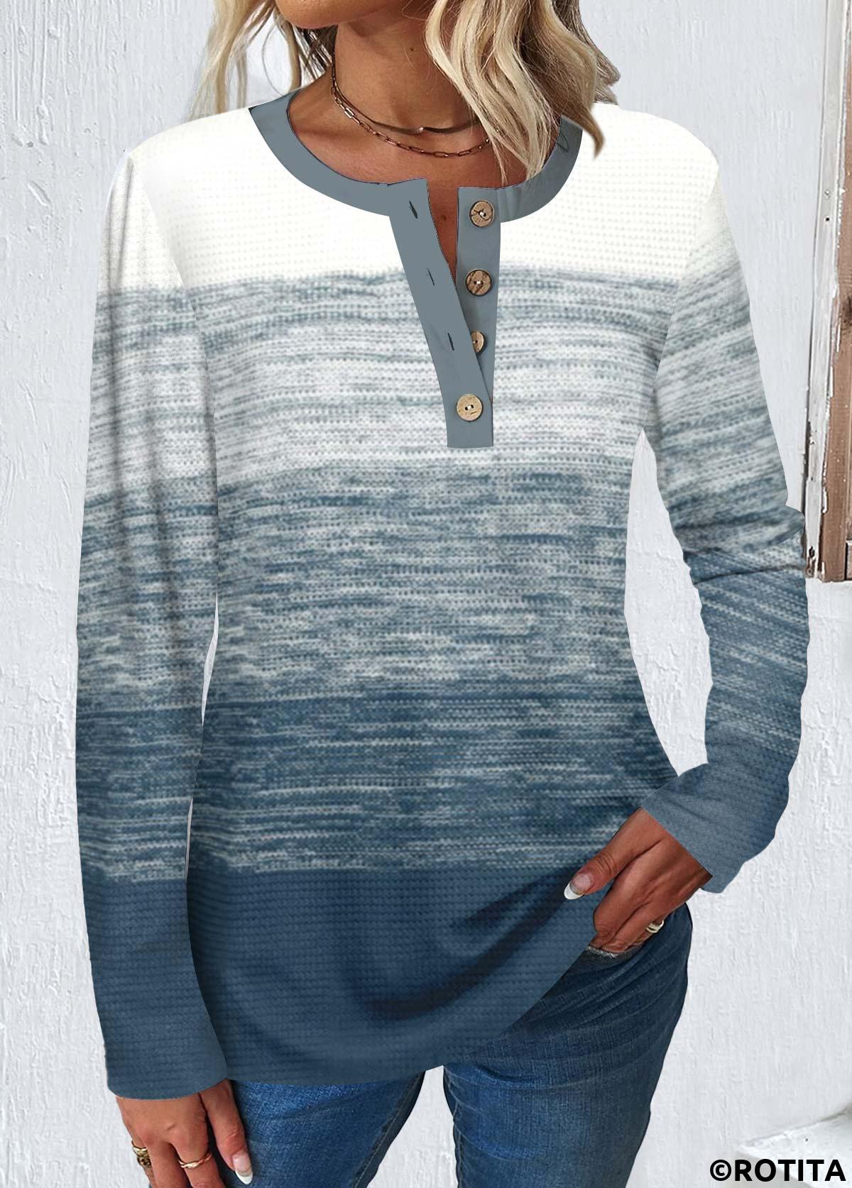 Rotita-Knopf-Rundhals-Langarm-T-Shirt in Staubblau
