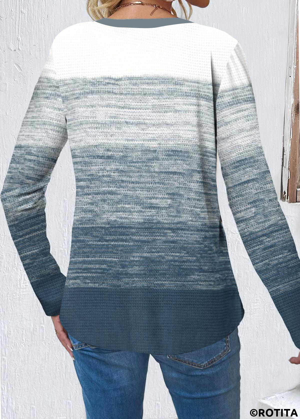 Rotita-Knopf-Rundhals-Langarm-T-Shirt in Staubblau