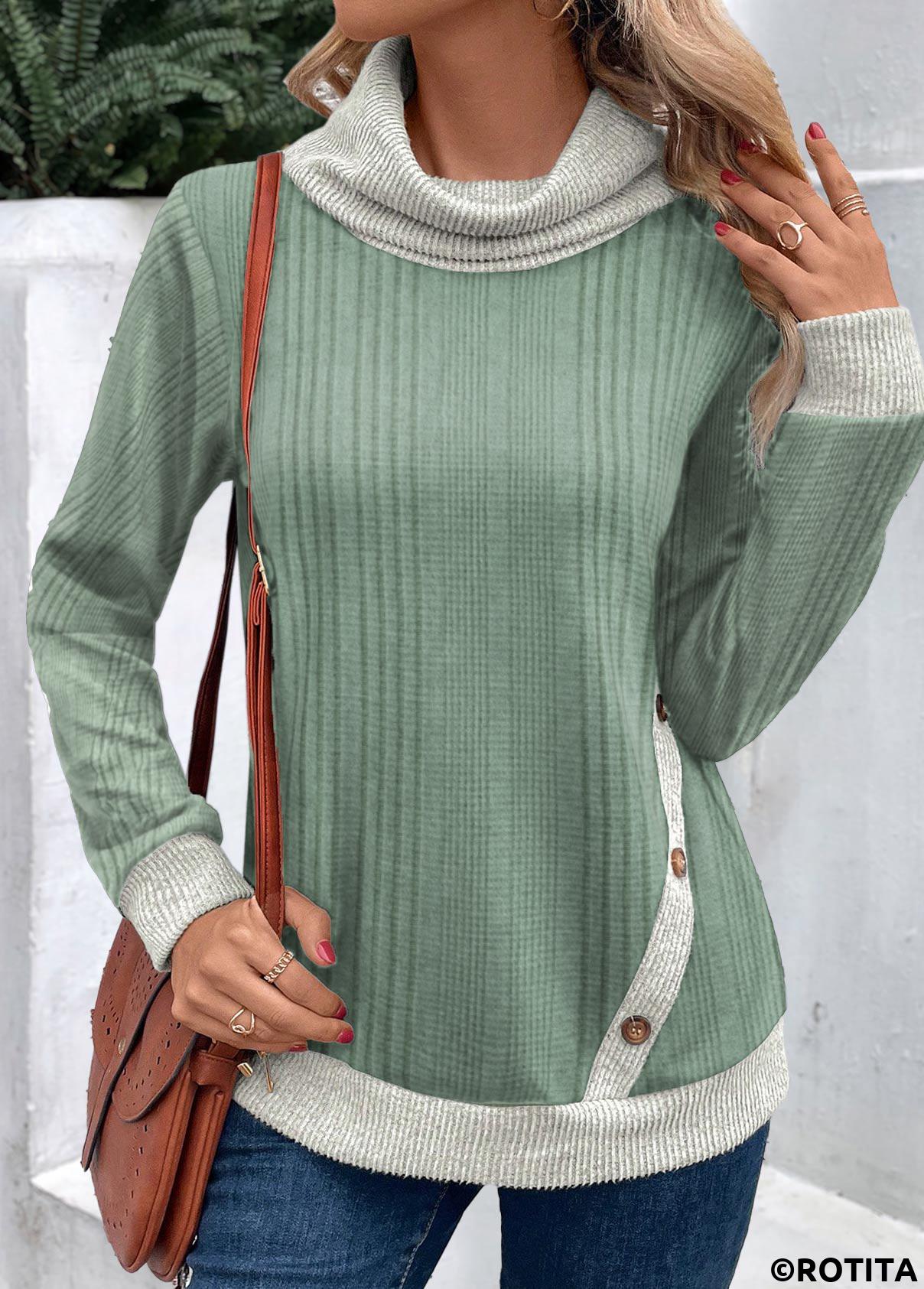 Rotita Salbeigrünes langärmliges Patchwork-Sweatshirt mit Wasserfallausschnitt