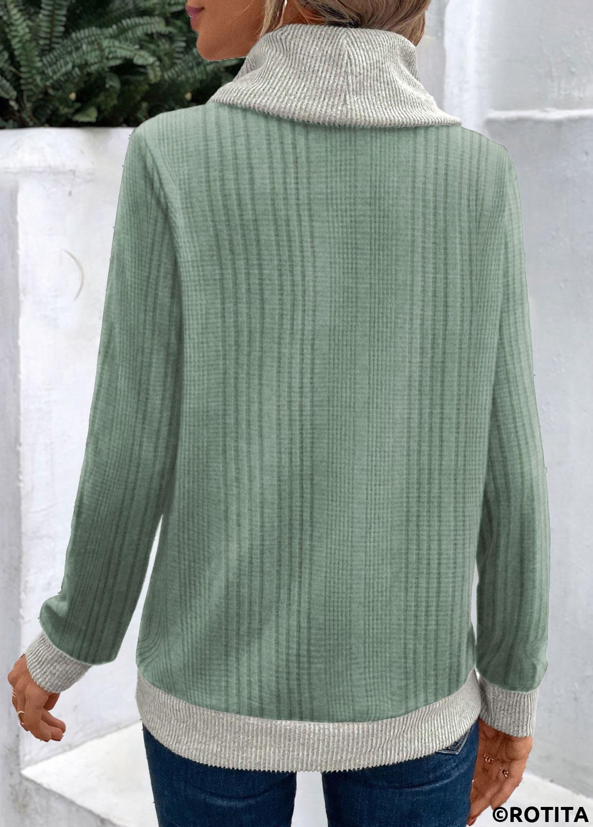 Rotita Salbeigrünes langärmliges Patchwork-Sweatshirt mit Wasserfallausschnitt