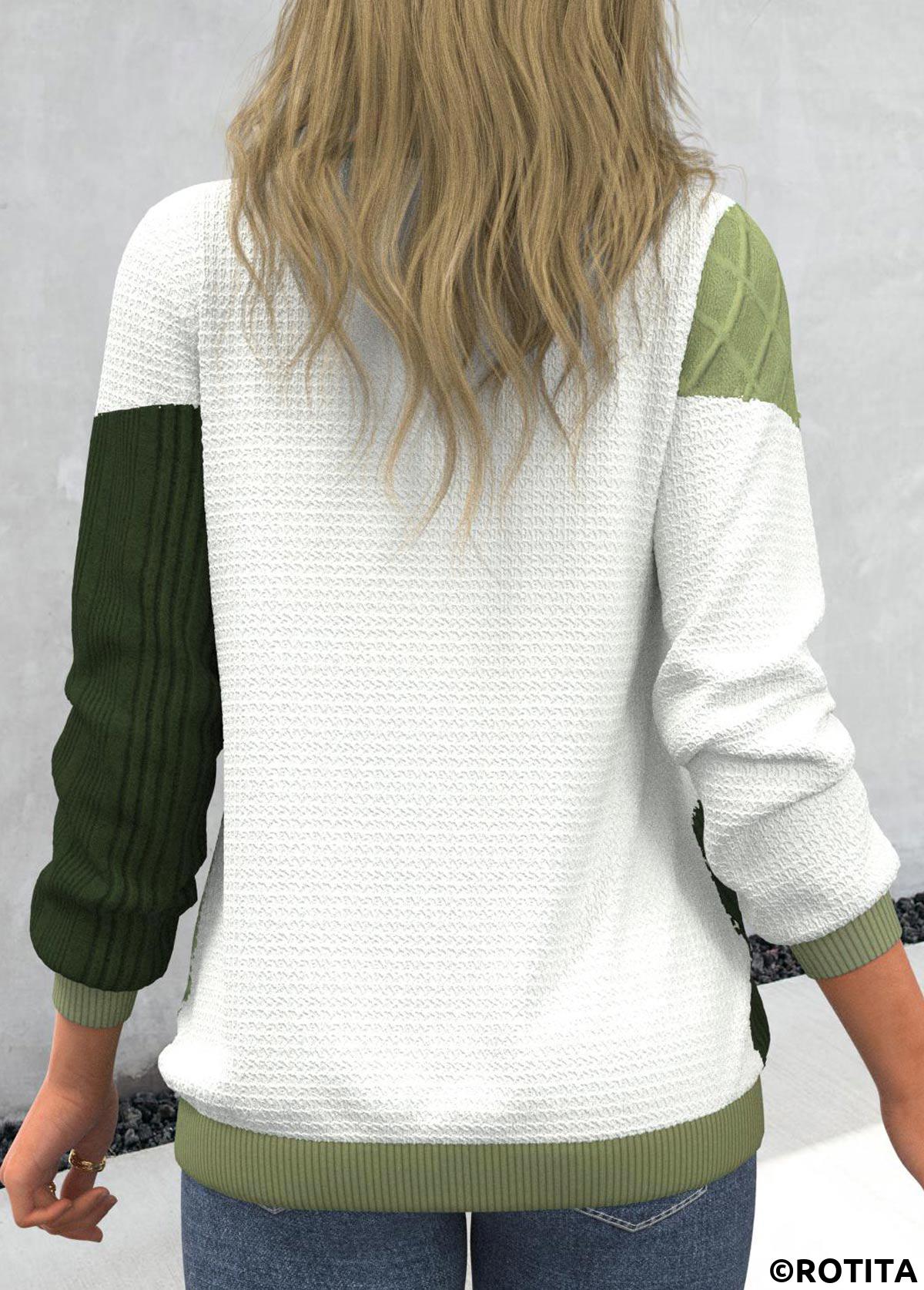 ROTITA Light Green Round Neck Patchwork Long Sleeve Sweatshirt