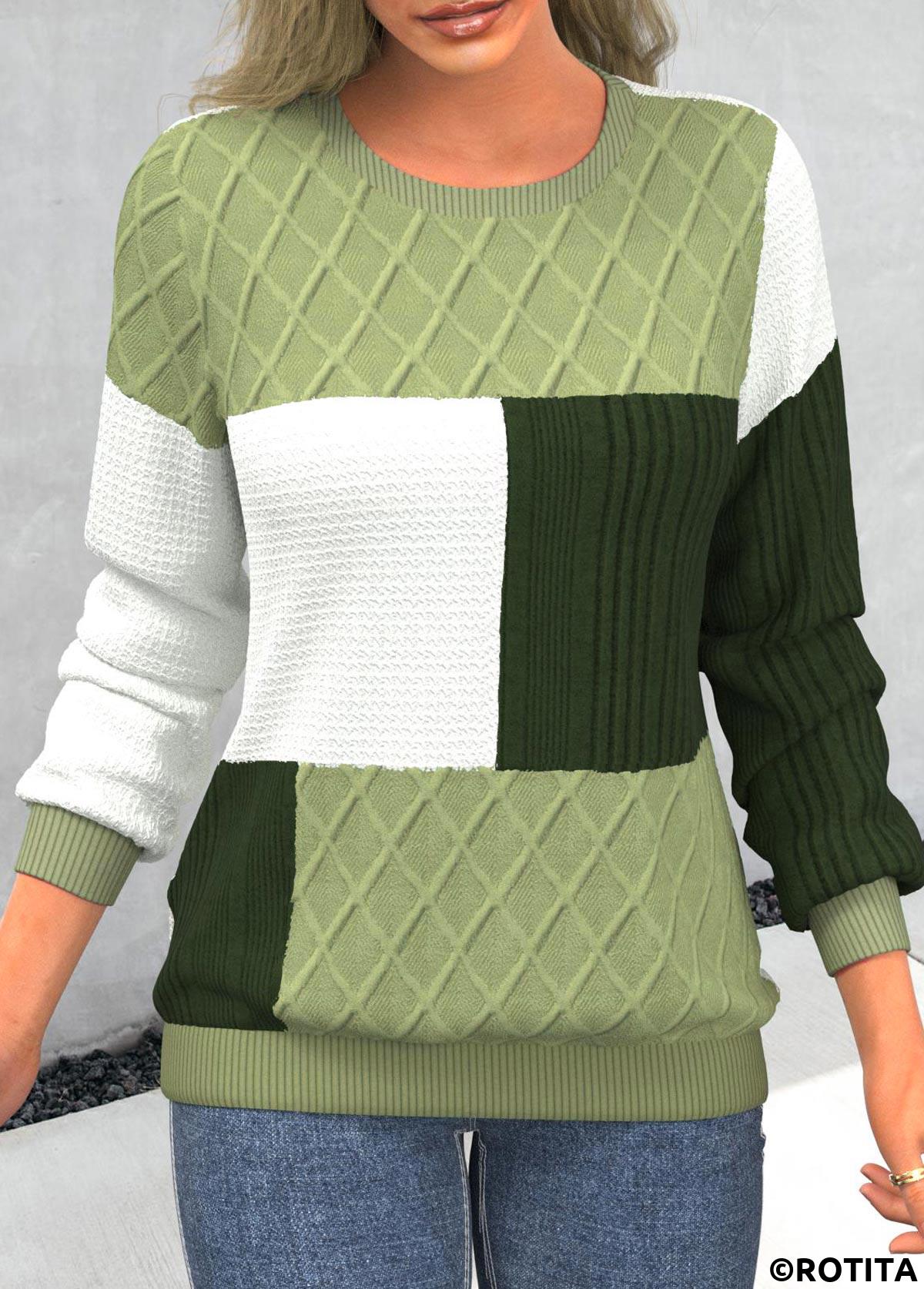 ROTITA Light Green Round Neck Patchwork Long Sleeve Sweatshirt