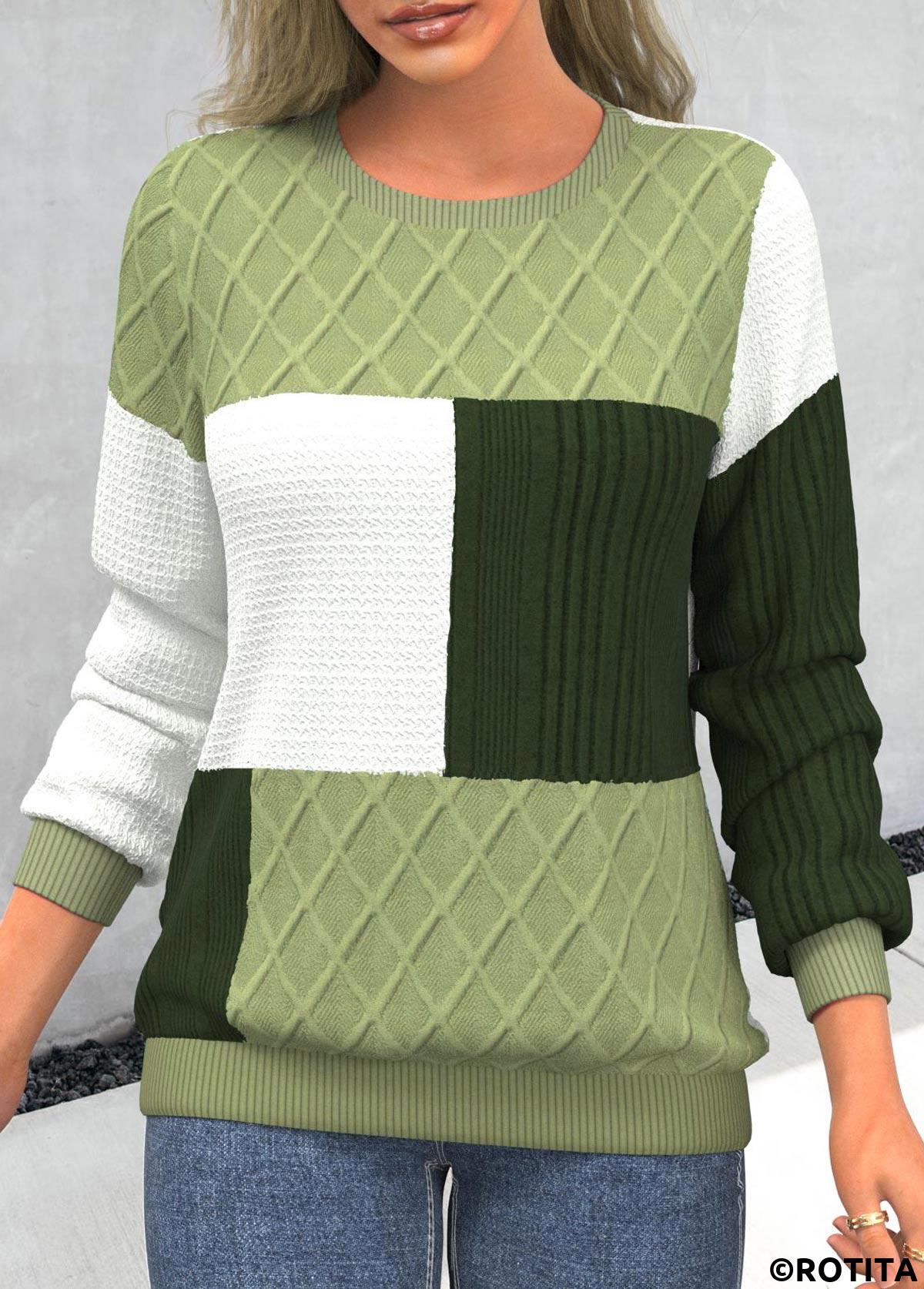 ROTITA Light Green Round Neck Patchwork Long Sleeve Sweatshirt