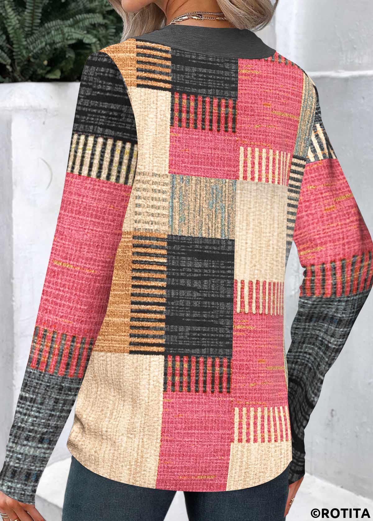 ROTITA Button Plaid Multi Color Asymmetrical Neck Long Sleeve Sweatshirt