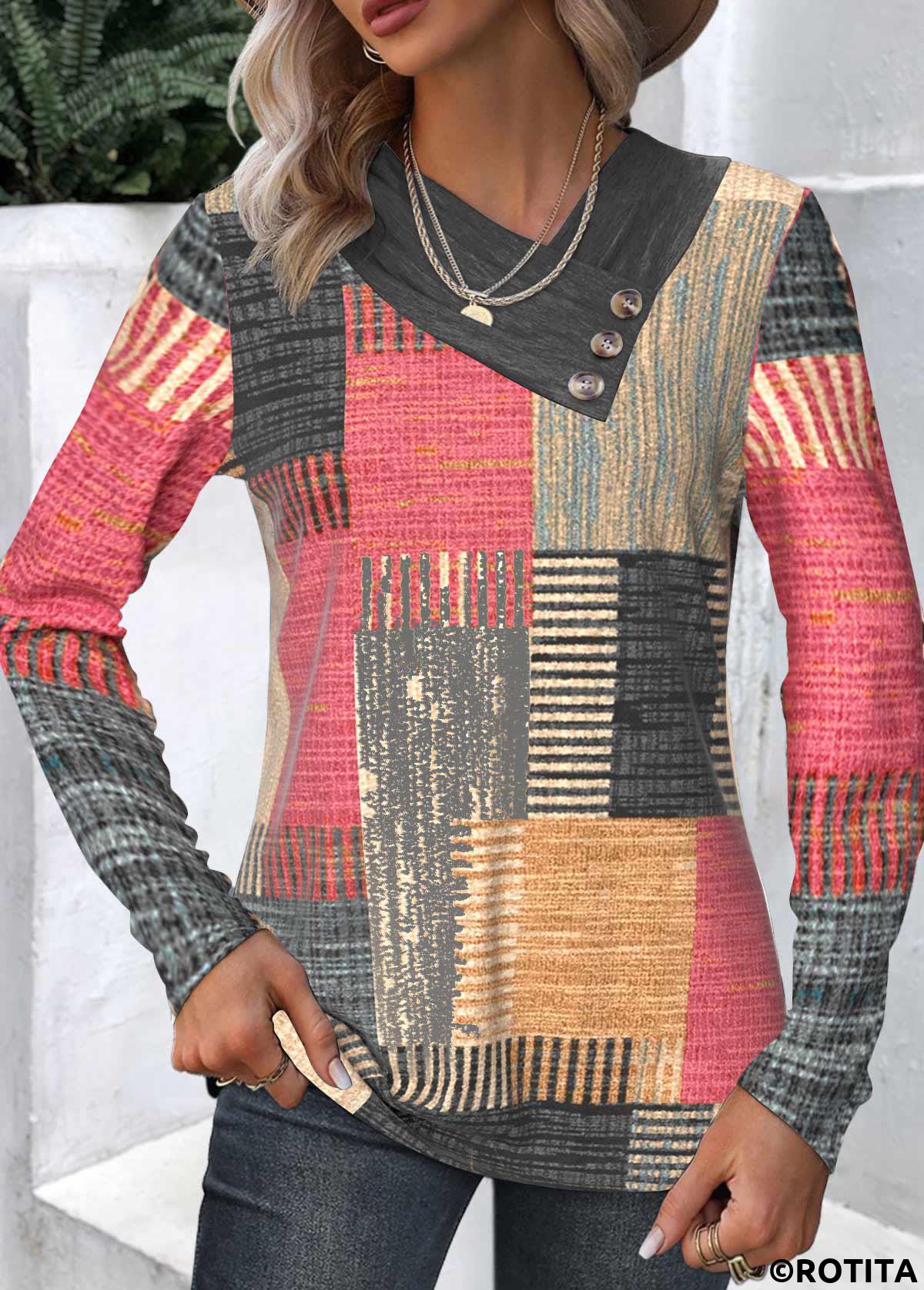 ROTITA Button Plaid Multi Color Asymmetrical Neck Long Sleeve Sweatshirt