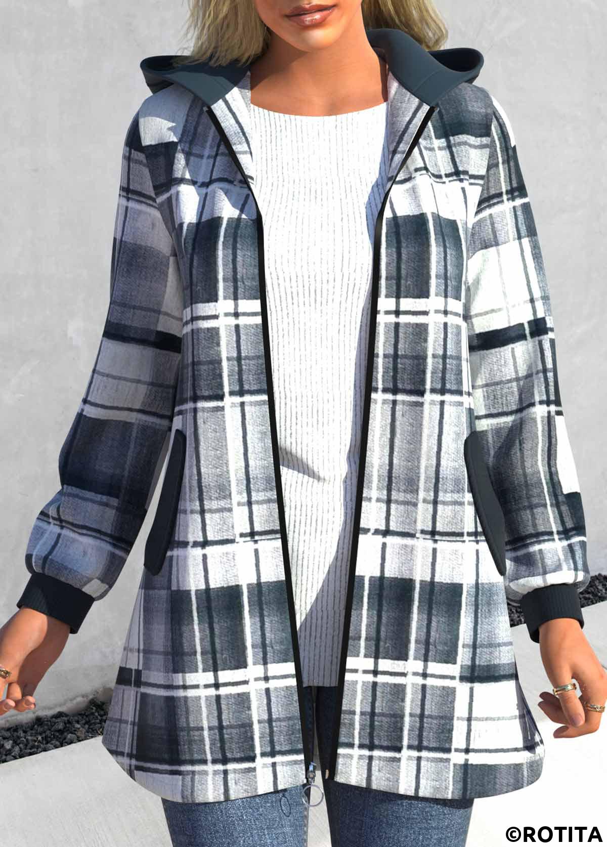 Dark Grey tops,Geometric tops,Striped tops,ROTITA Geometric Print Grey Coat