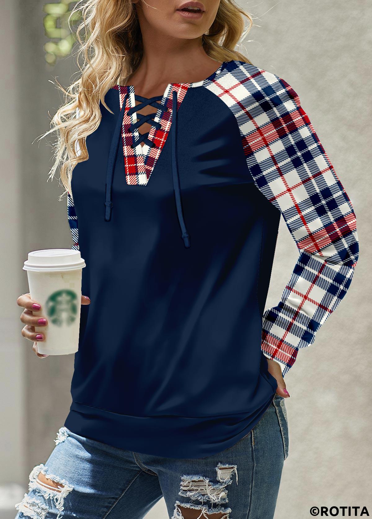Navy tops,Plaid tops,Striped tops,ROTITA Patchwork Plaid Navy Round Neck Long Sleeve Sweatshirt