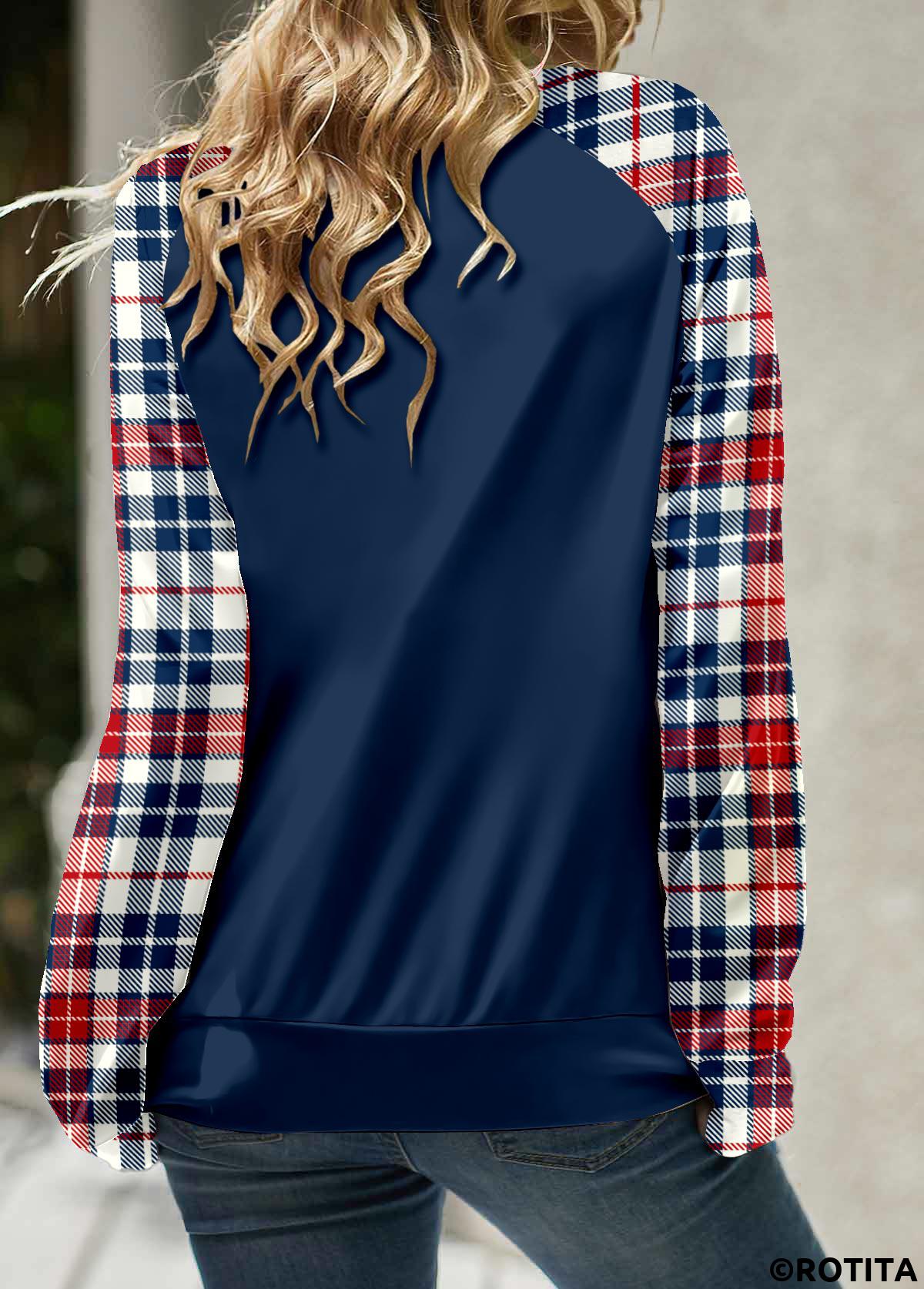 Navy tops,Plaid tops,Striped tops,ROTITA Patchwork Plaid Navy Round Neck Long Sleeve Sweatshirt