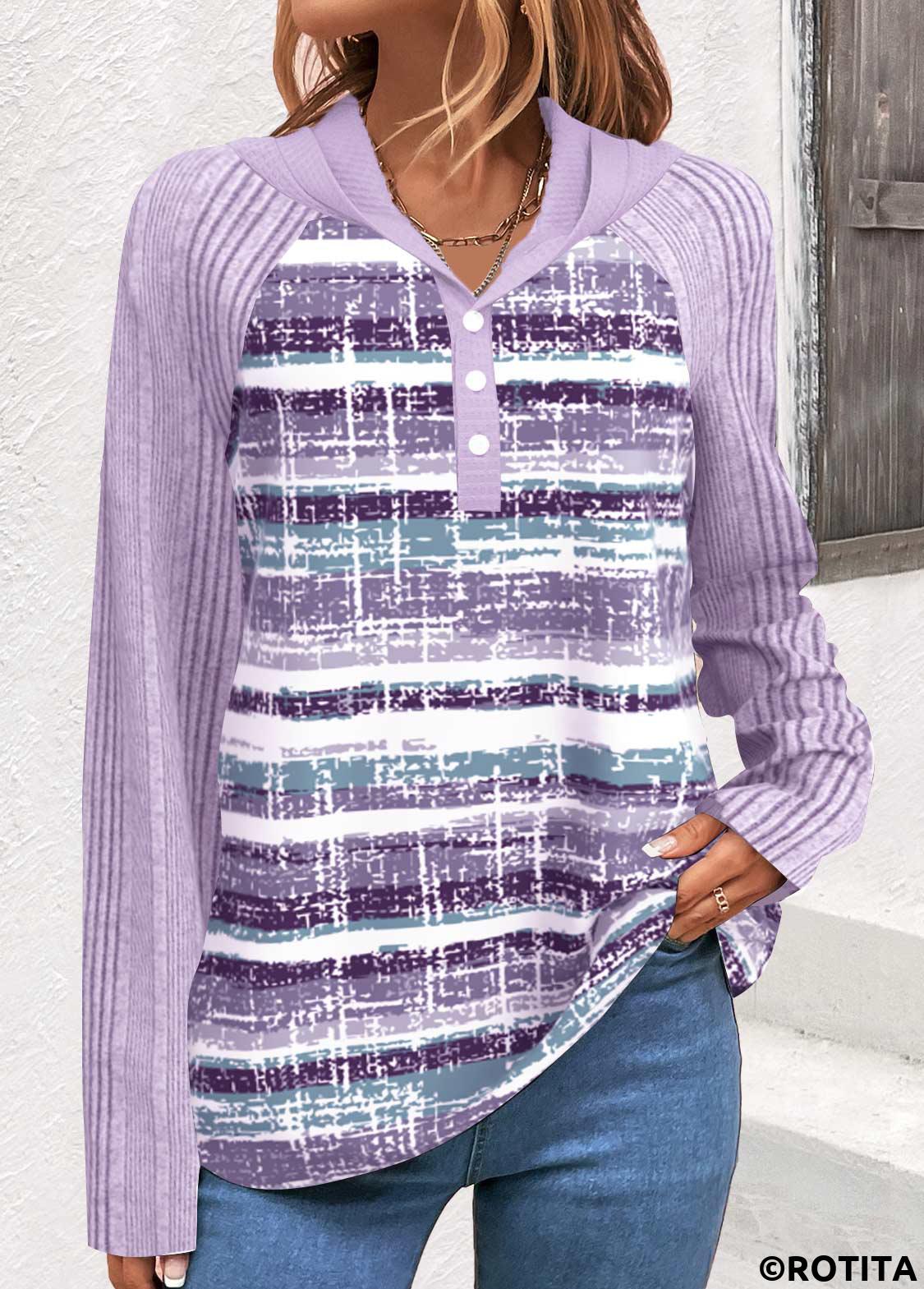 Light Purple tops,Striped tops,Geometric tops,ROTITA Button Striped Light Purple Hooded Long Sleeve Sweatshirt
