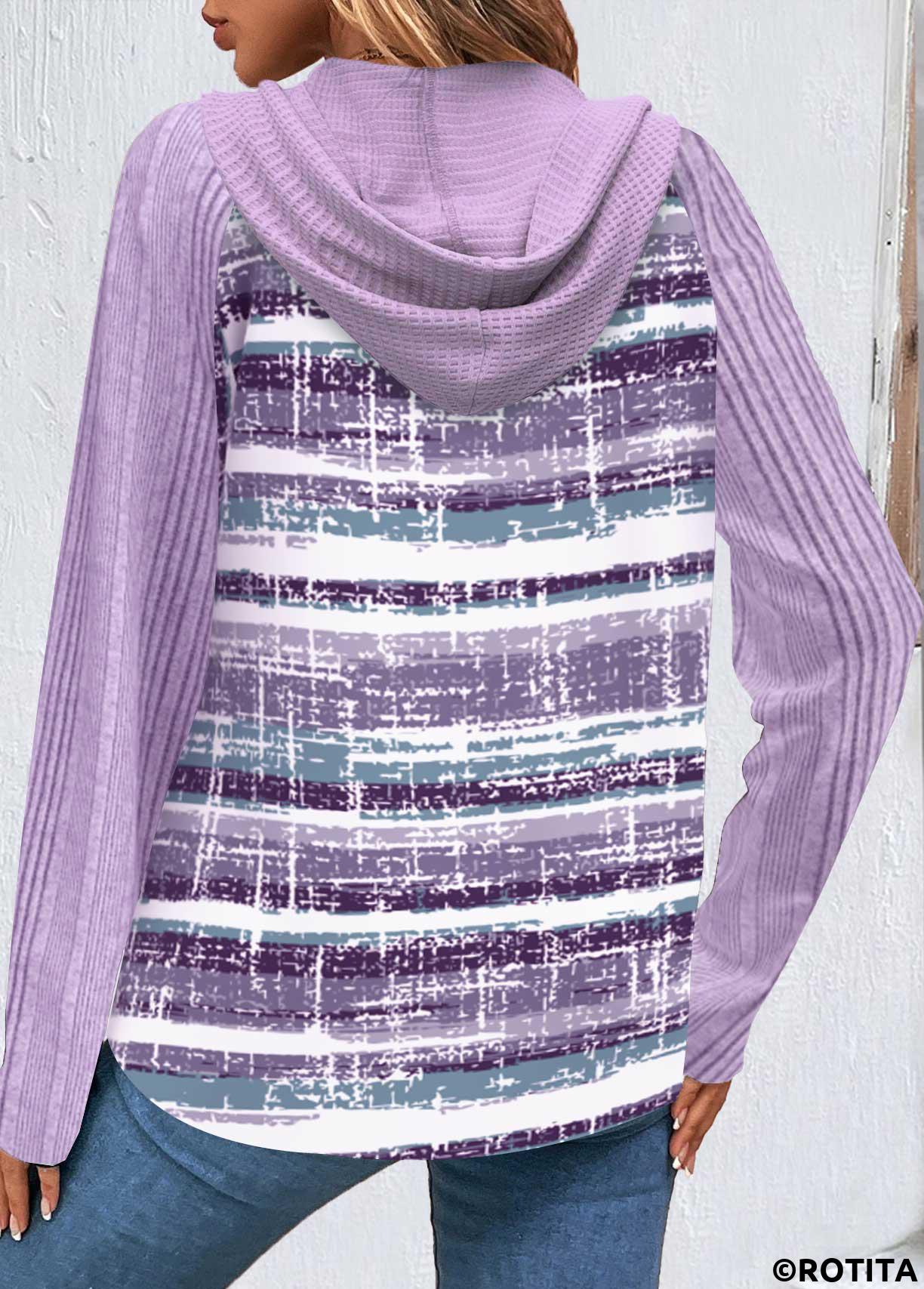 Light Purple tops,Striped tops,Geometric tops,ROTITA Button Striped Light Purple Hooded Long Sleeve Sweatshirt