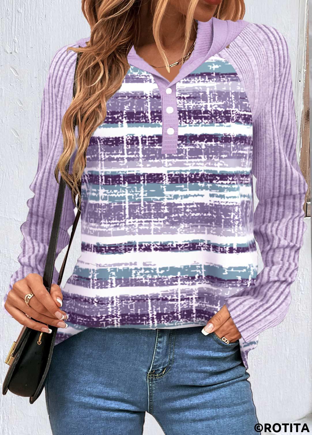 Light Purple tops,Striped tops,Geometric tops,ROTITA Button Striped Light Purple Hooded Long Sleeve Sweatshirt