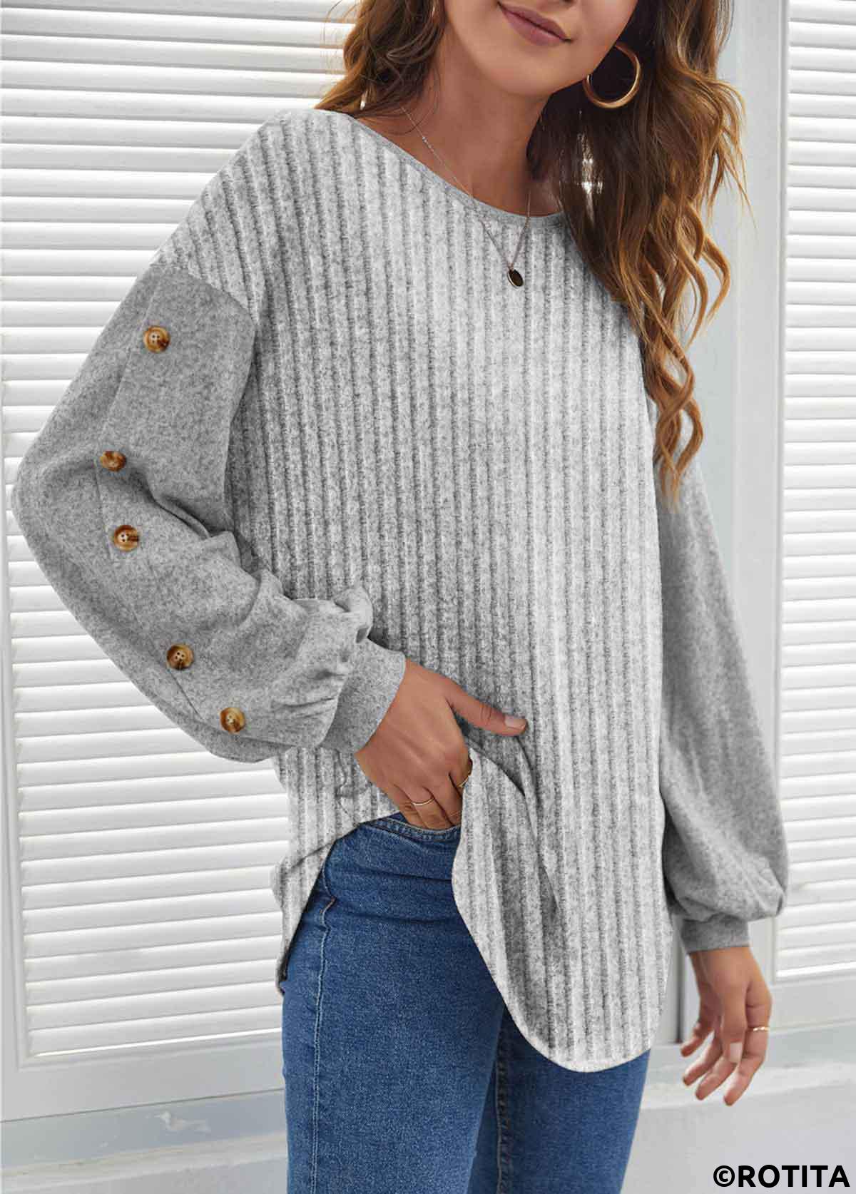 Grey tops,Plain Color tops,ROTITA Button Grey Round Neck Long Sleeve Sweatshirt