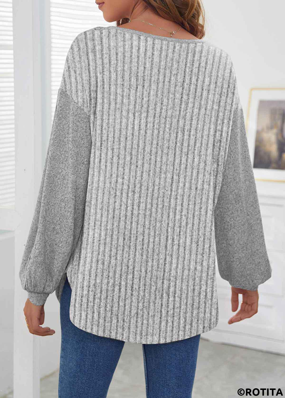 Grey tops,Plain Color tops,ROTITA Button Grey Round Neck Long Sleeve Sweatshirt
